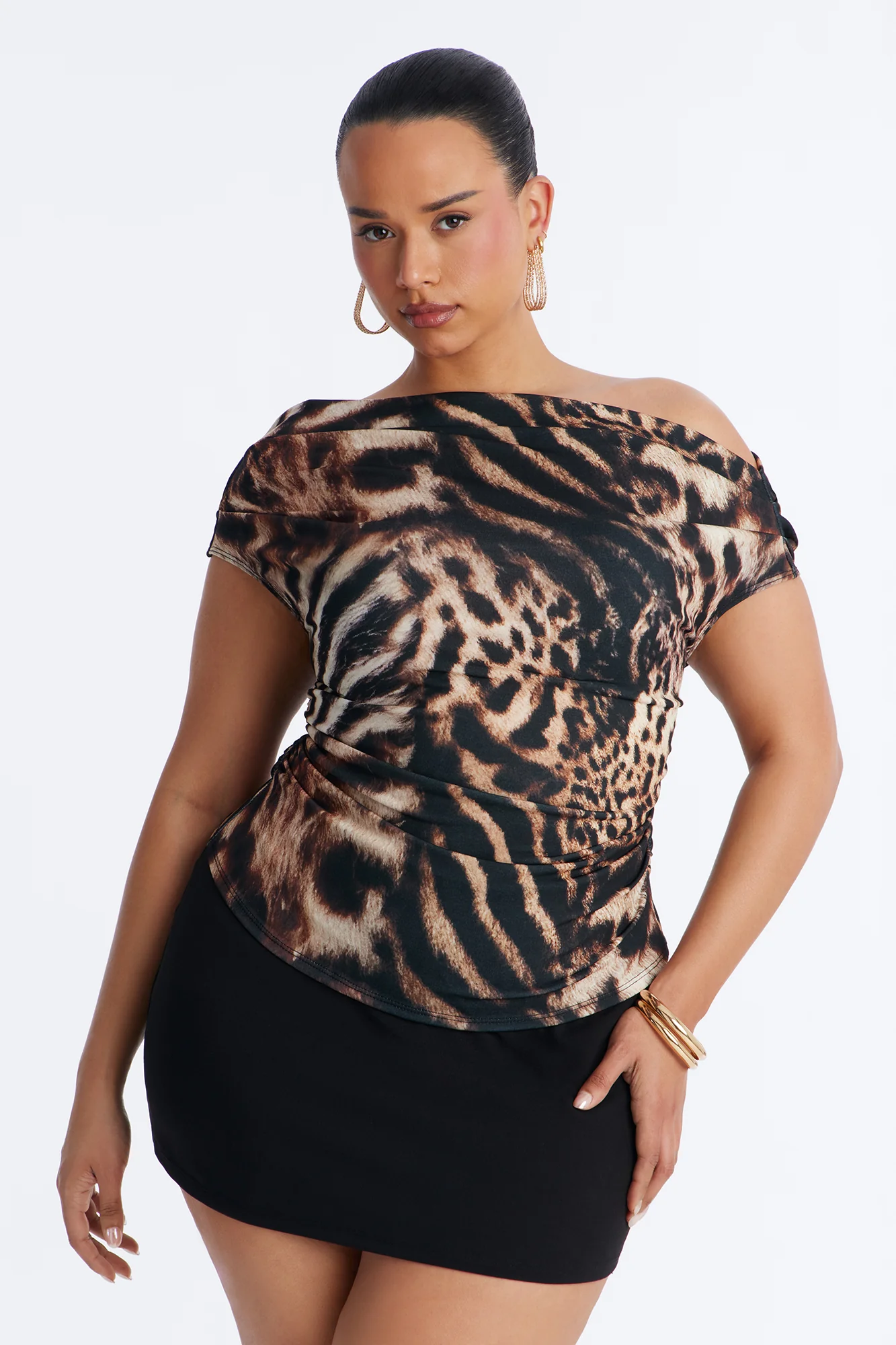 Untamed Baddie Animal Off Shoulder Short Sleeve Top - Brown/combo - Image 4
