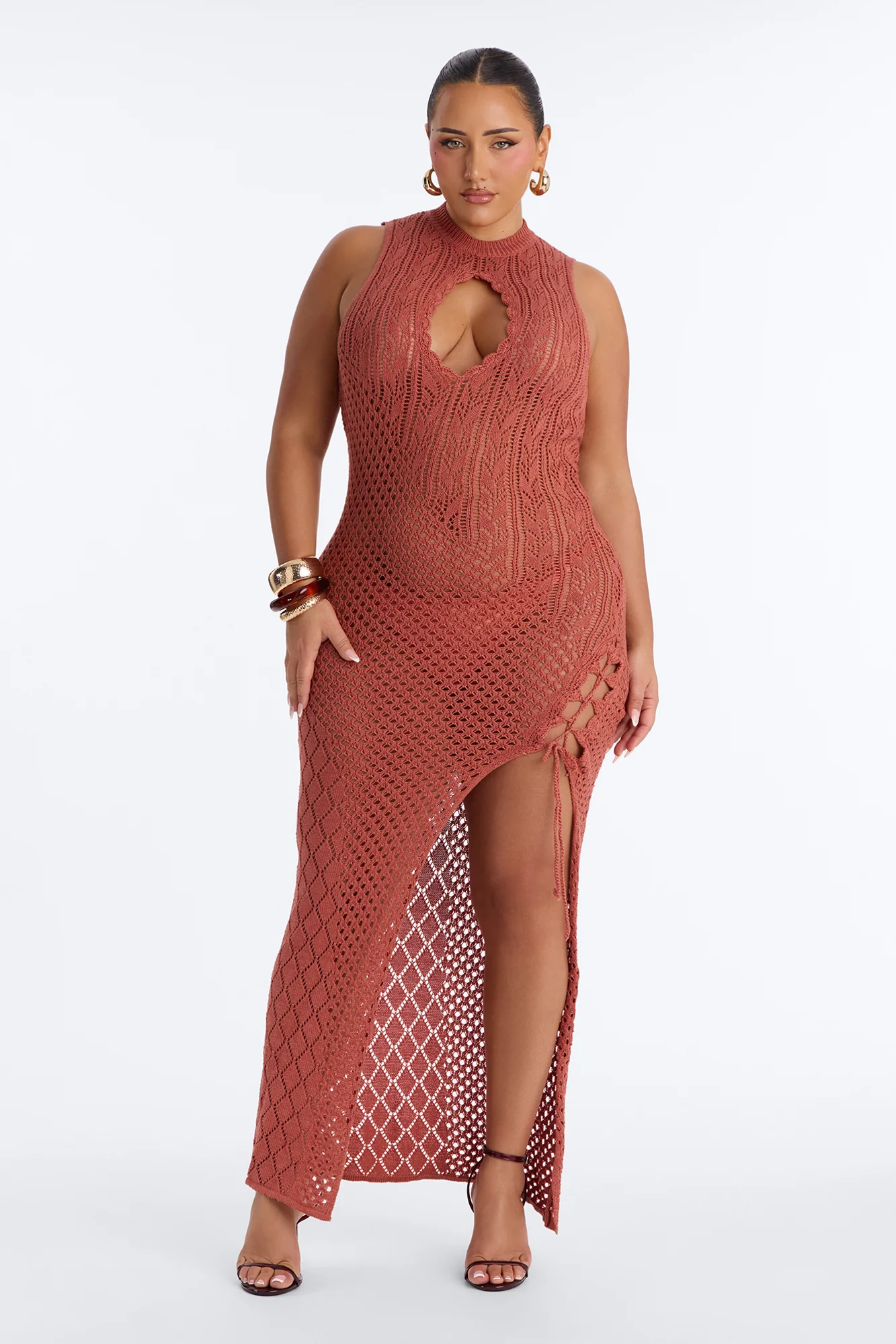 Untouchable Keyhole Crochet Maxi Dress - Marsala - Image 5