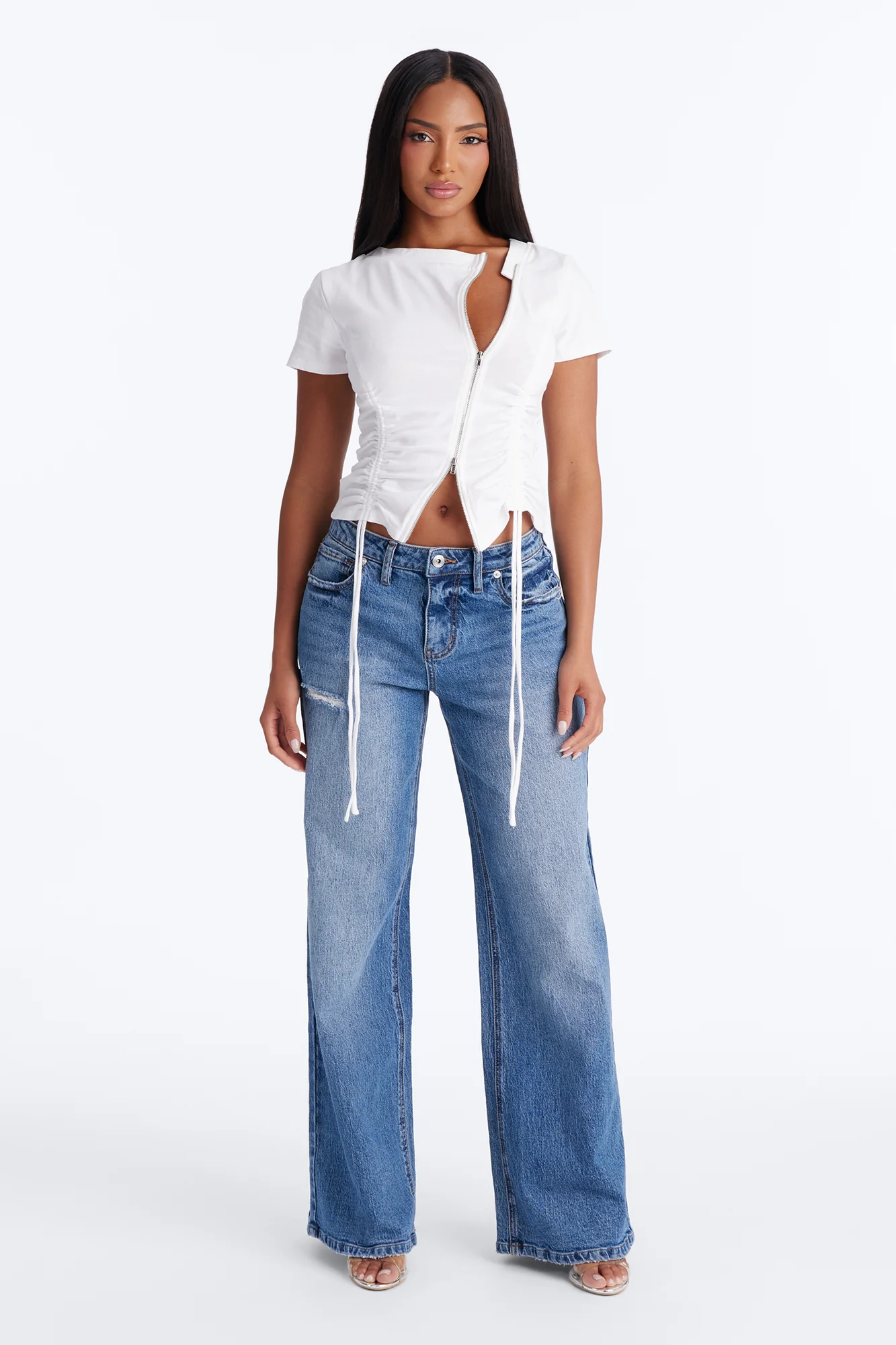 Unzip Me Ruched Short Sleeve Top - White - Image 2