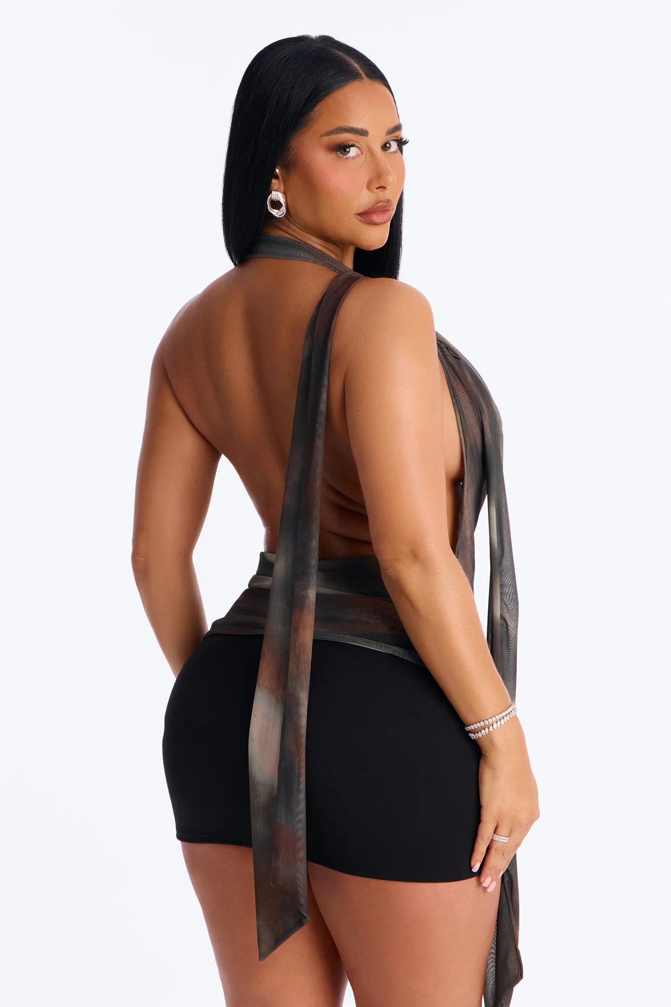 Up All Night Mesh Cowl Neck Halter Top - Olive/combo - Image 2
