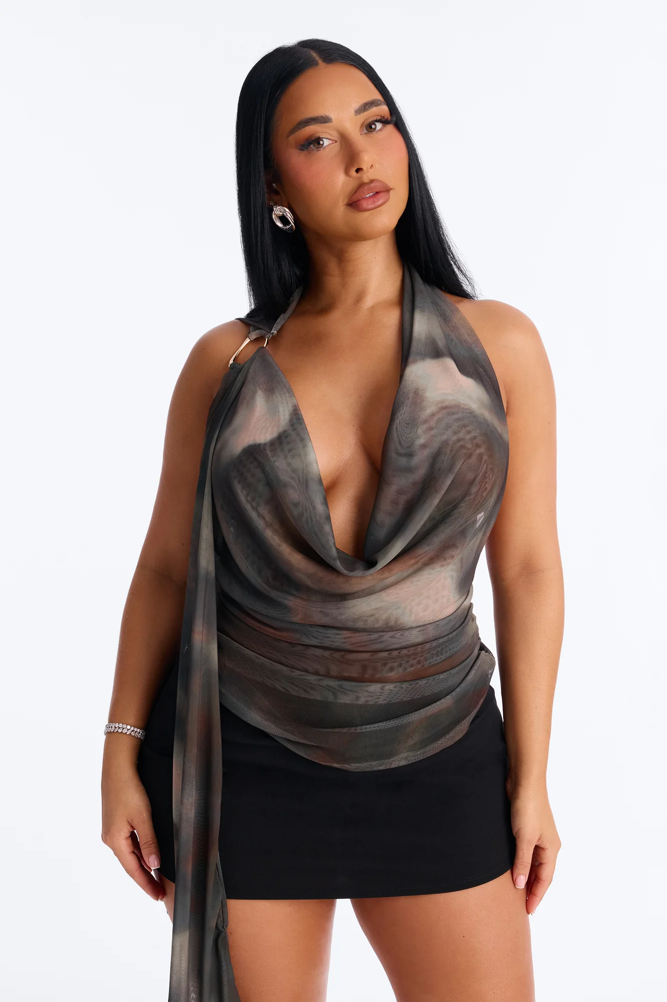 Up All Night Mesh Cowl Neck Halter Top - Olive/combo - Image 3