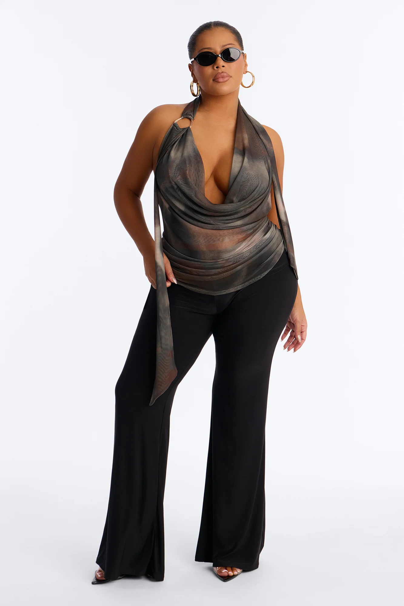 Up All Night Mesh Cowl Neck Halter Top - Olive/combo - Image 5
