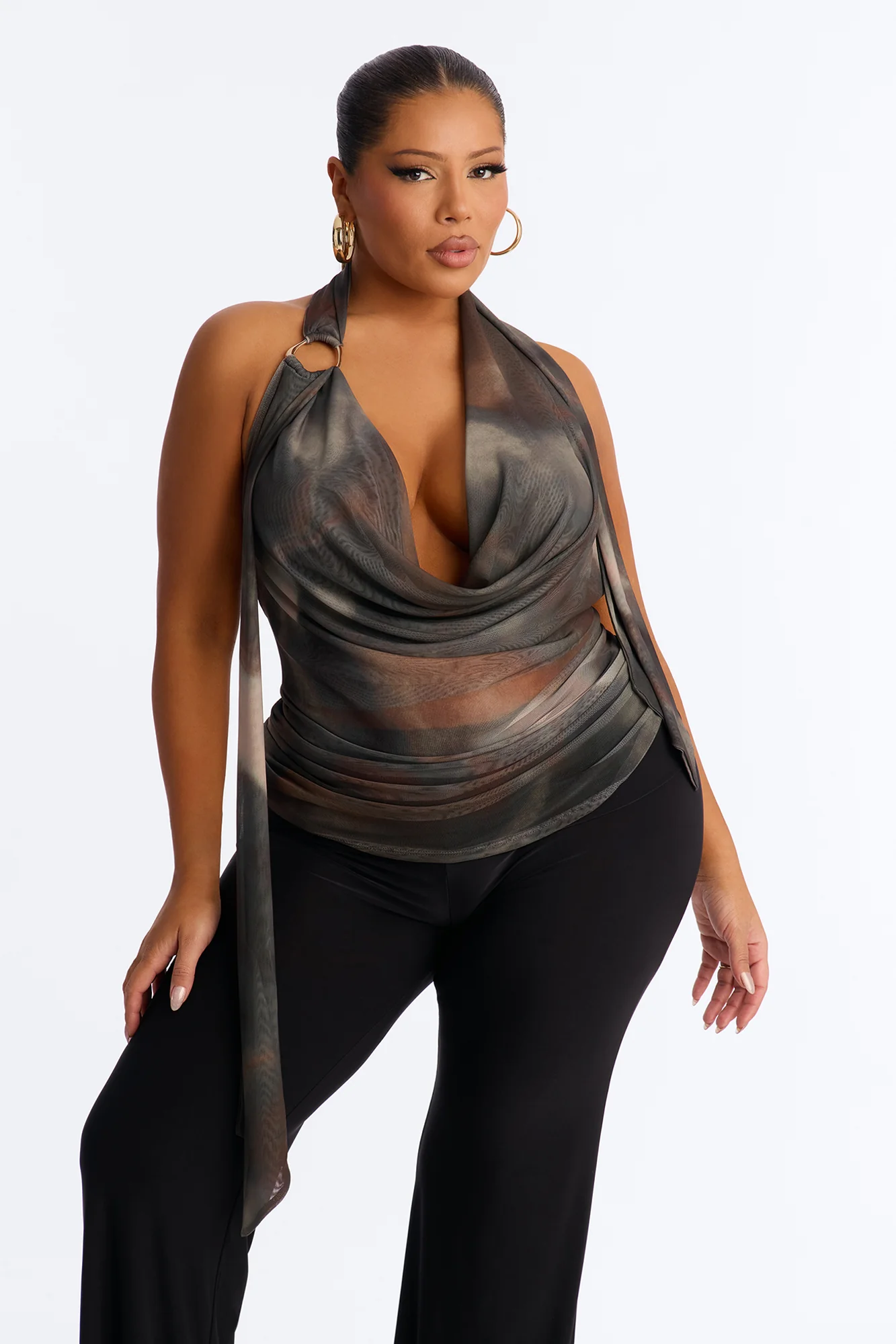 Up All Night Mesh Cowl Neck Halter Top - Olive/combo - Image 6