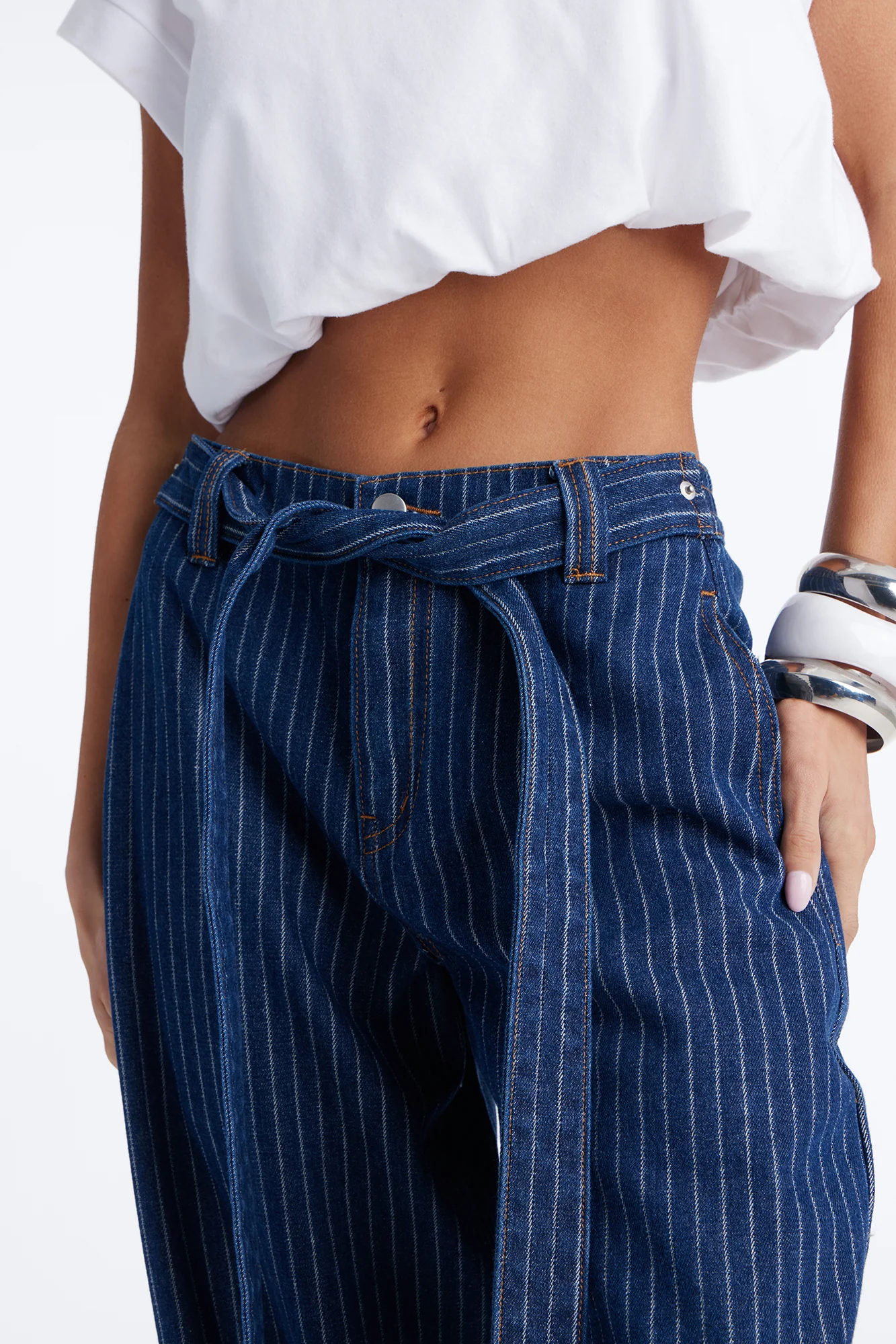 Up The Road Pinstripe Belted Jeans - Dark Wash - Image 3