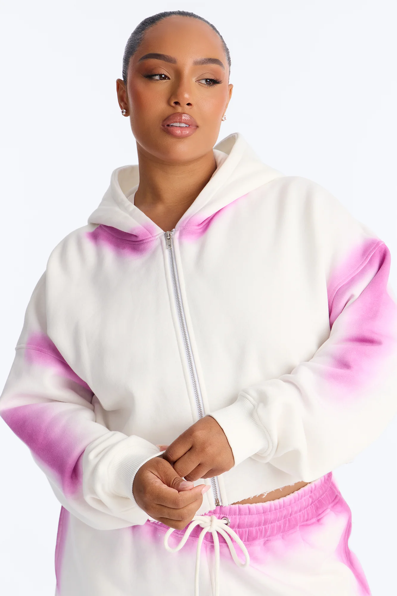 Urban Fleece Tie Dye Short Set - White/Pink - Image 7