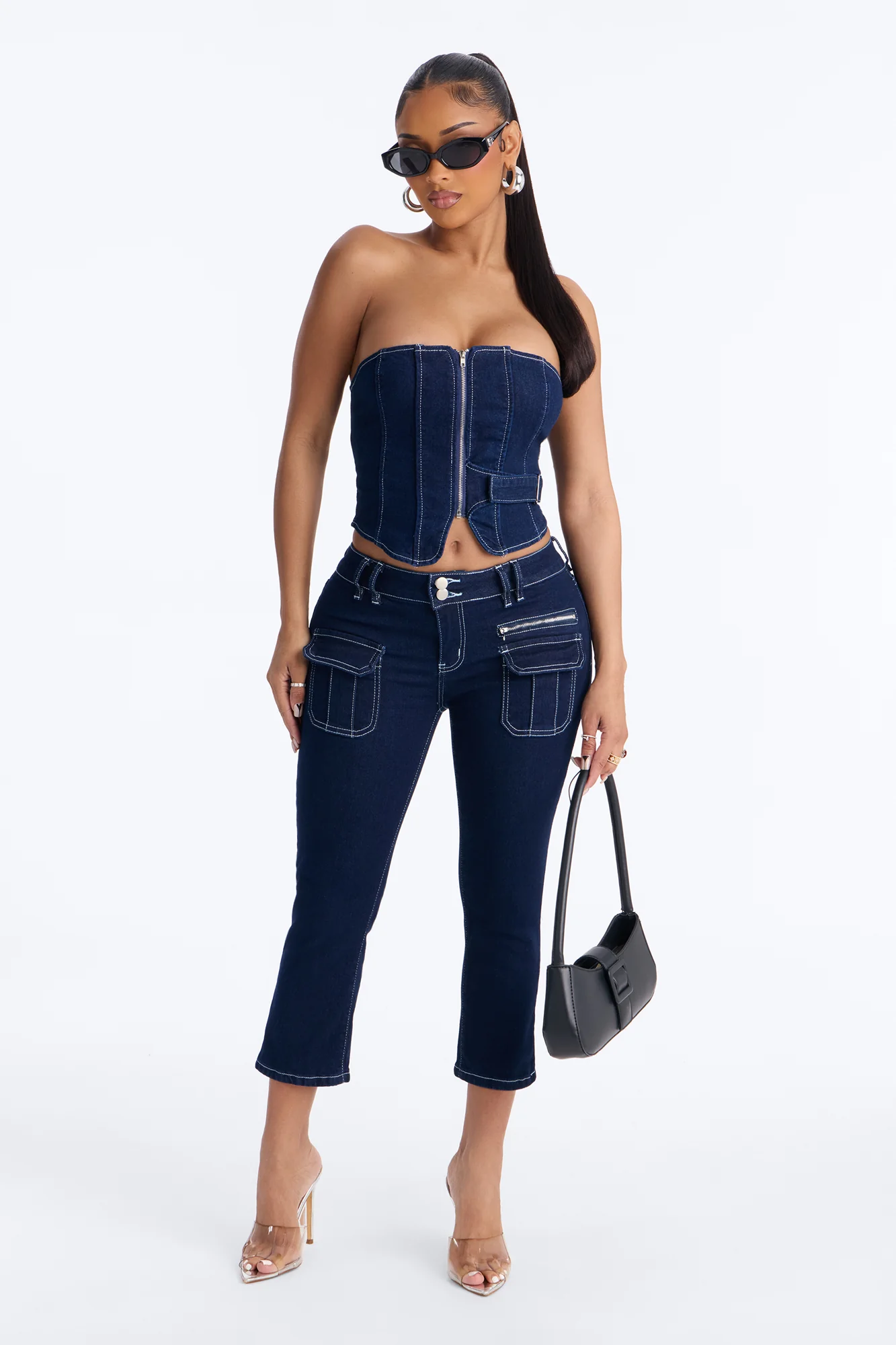 Urban Goddess Front Zip Belted Denim Top - Dark Wash - Image 2