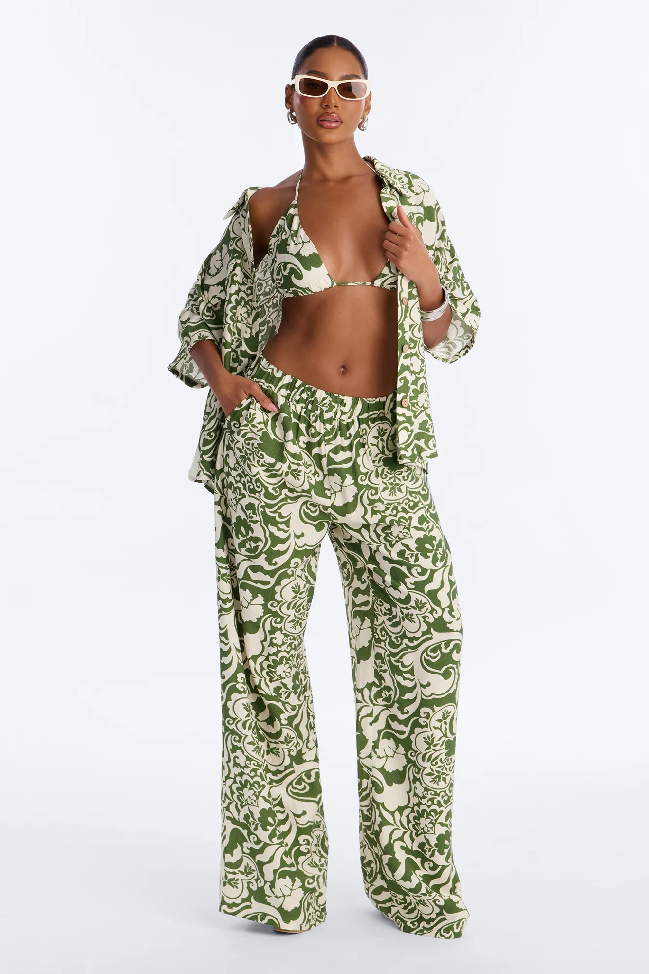 Urban Jungle Linen 3 Piece Pant Set - Green/combo
