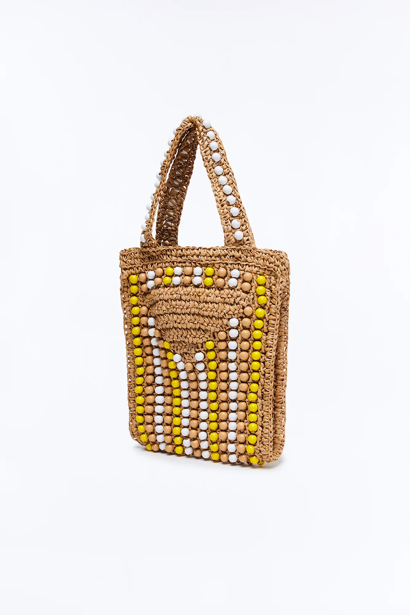 Vacation Time Straw Beaded Satchel Handbag - Yellow/combo - Image 4
