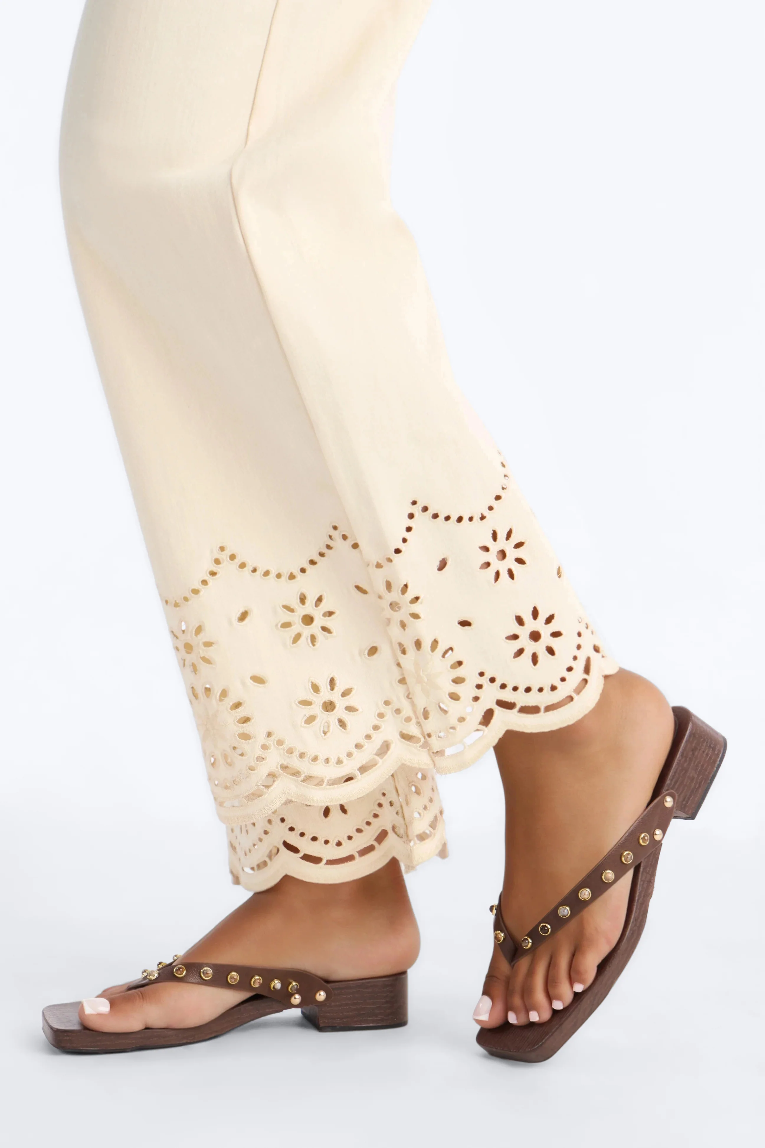 Valencia Eyelet Trim Premium Denim Stretch Jeans - Cream - Image 3