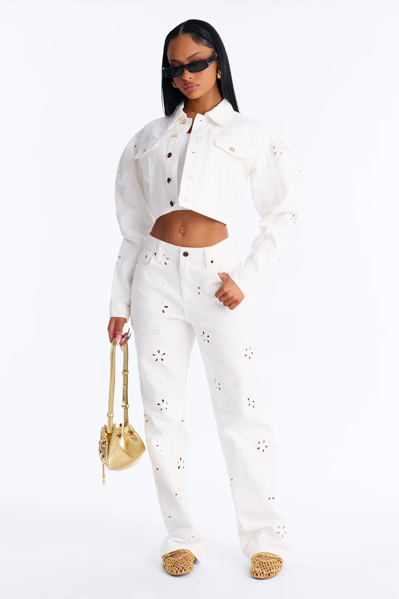 Valencia Eyelet Straight Leg Jeans - White - Image 2