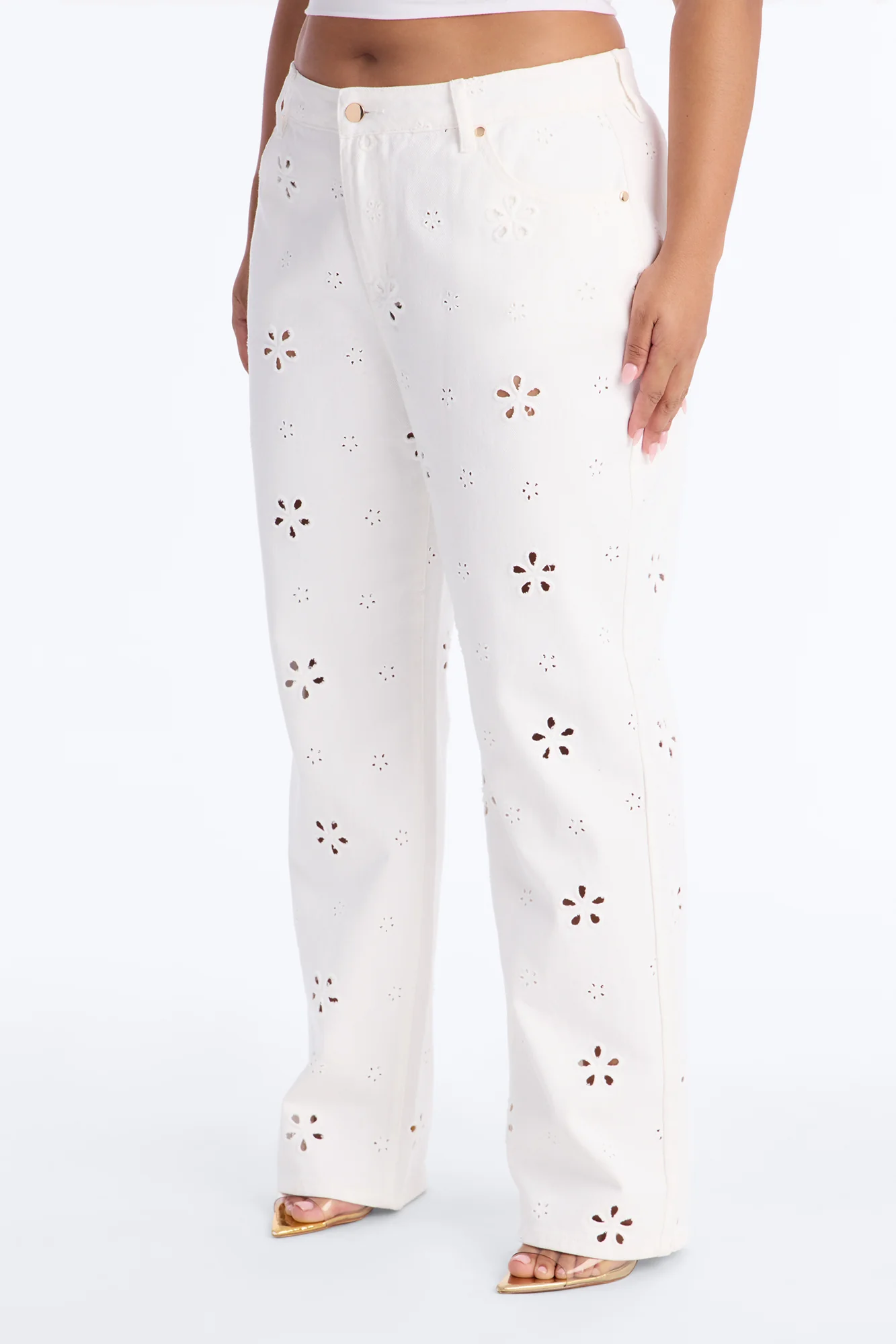 Valencia Eyelet Straight Leg Jeans - White - Image 4