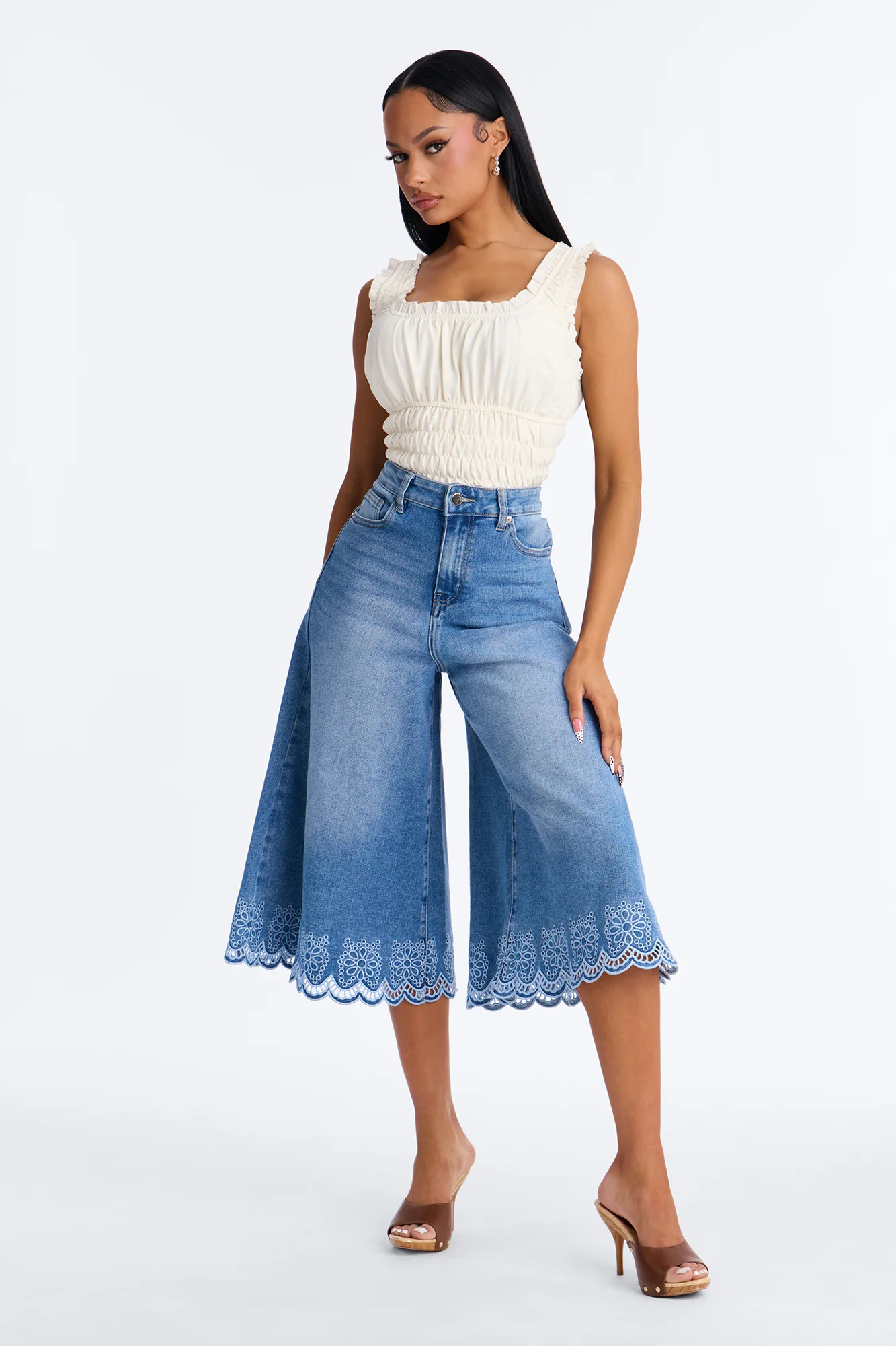 Valencia Premium Wide Leg Culotte Jeans - Medium Wash - Image 2