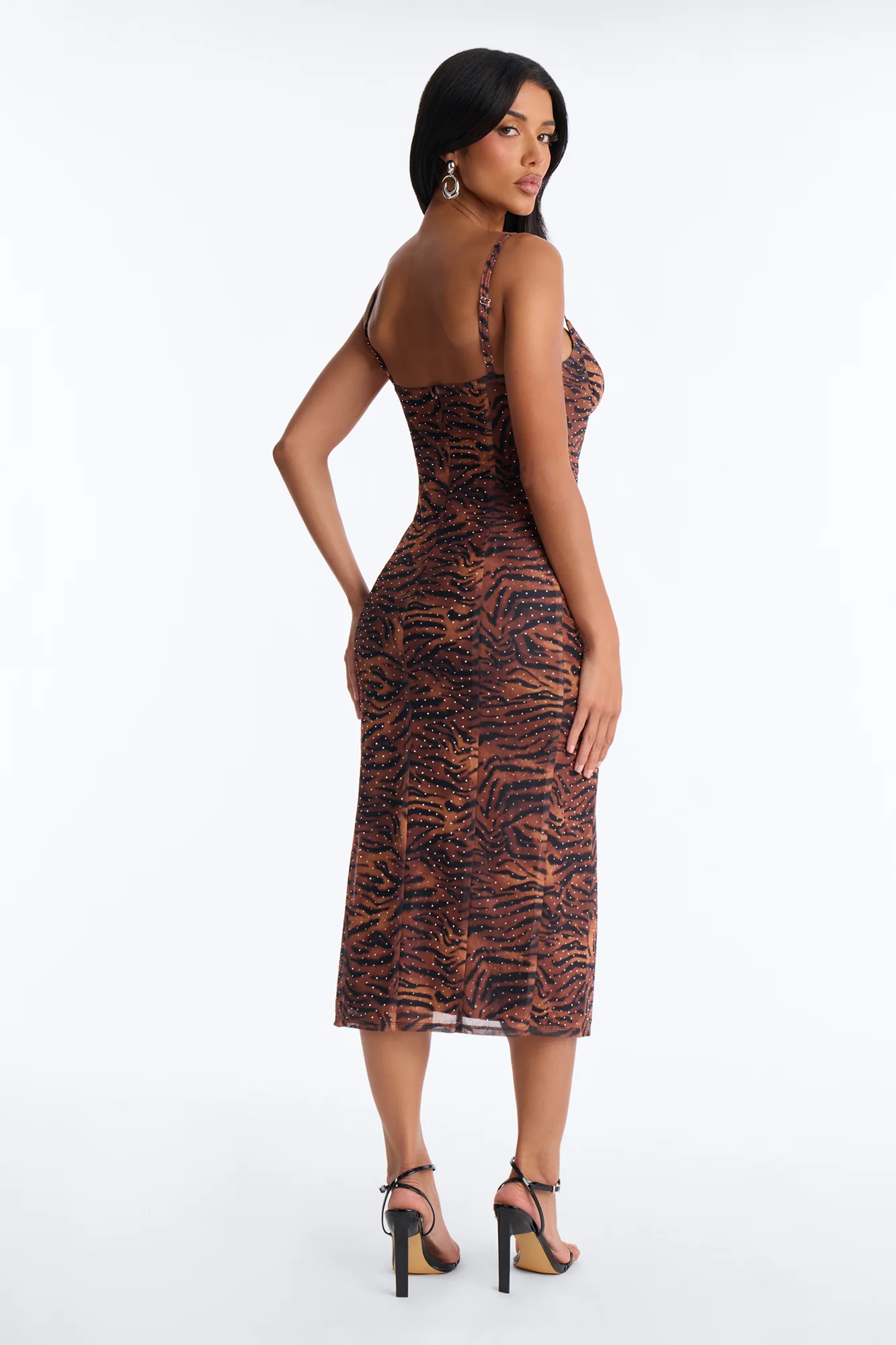 Valentina Animal Rhinestone Mesh Midi Dress - Brown/combo - Image 4