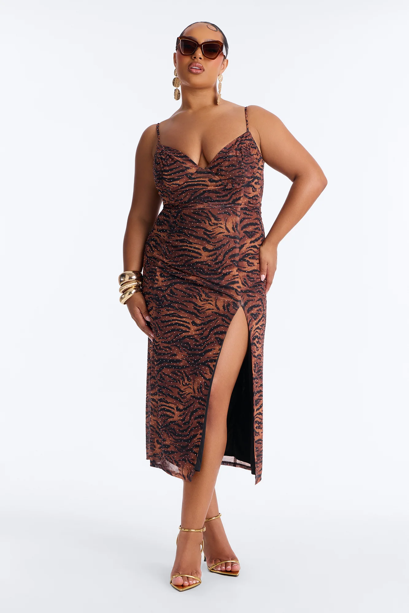 Valentina Animal Rhinestone Mesh Midi Dress - Brown/combo - Image 5
