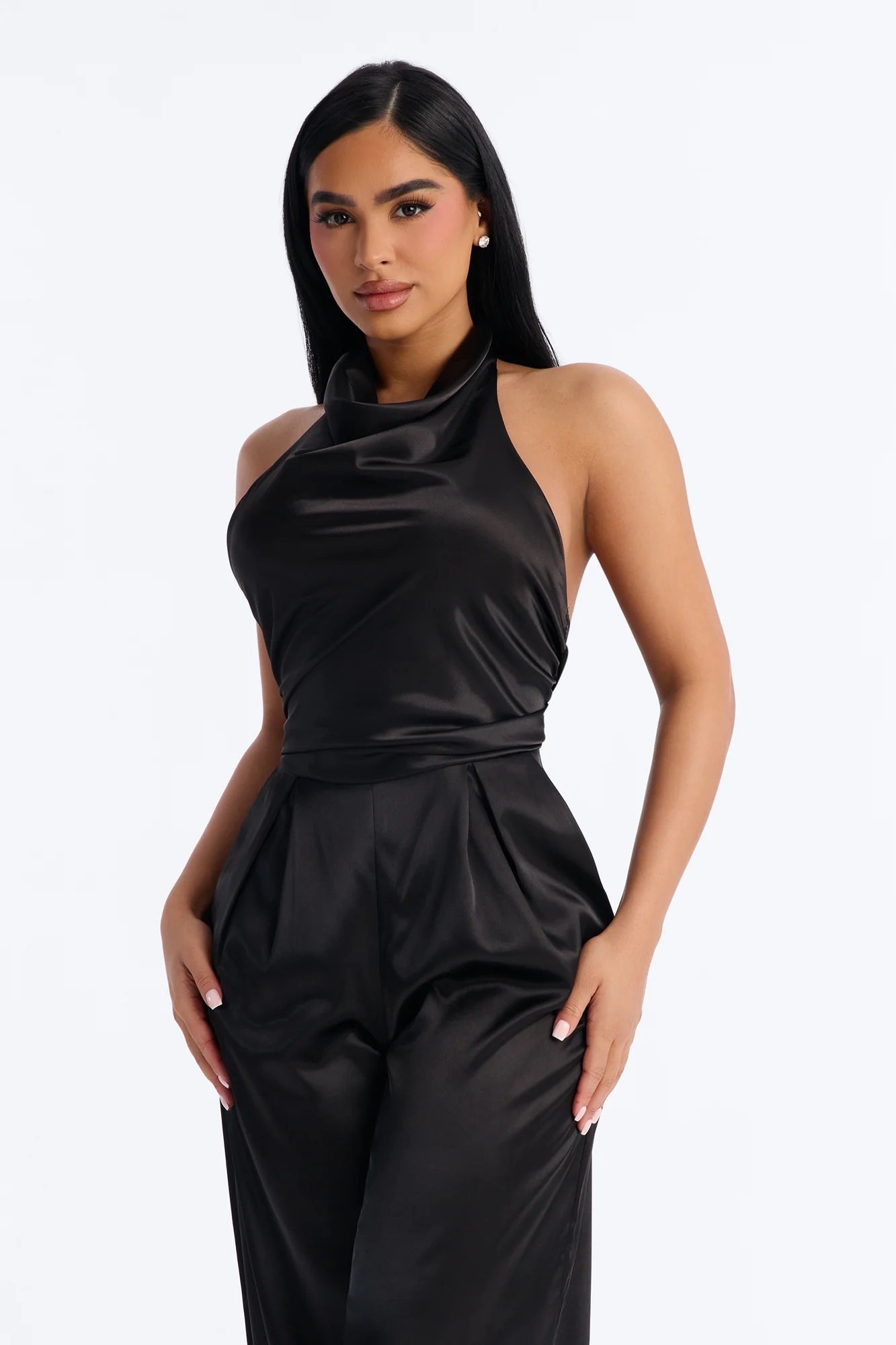 Valeria Satin High Neck Halter Jumpsuit - Black - Image 2