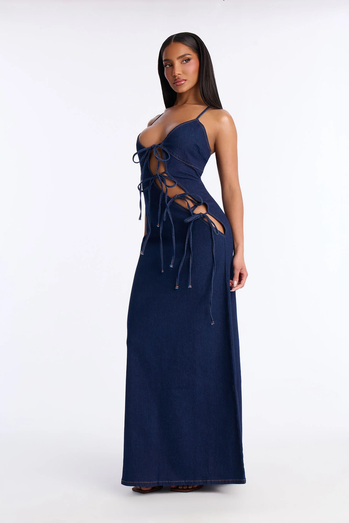 Valeria Tie Denim Maxi Dress - Dark Wash