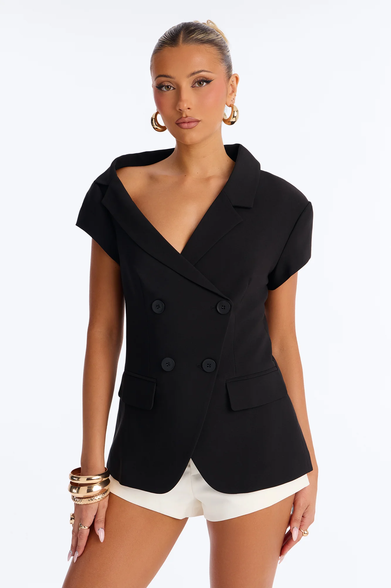 Valerie Asymmetrical Neckline Short Sleeve Blazer - Black - Image 2