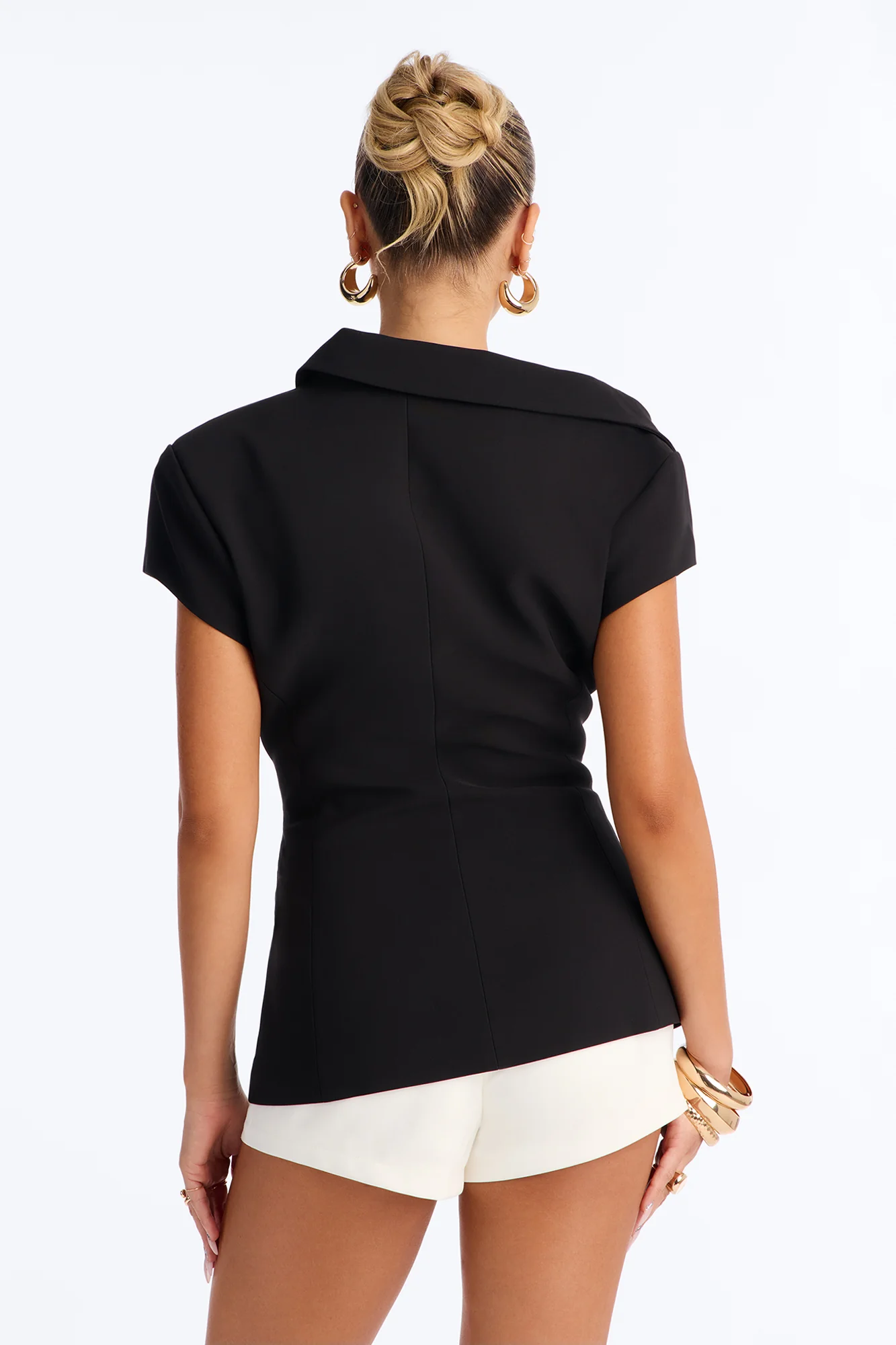 Valerie Asymmetrical Neckline Short Sleeve Blazer - Black - Image 4