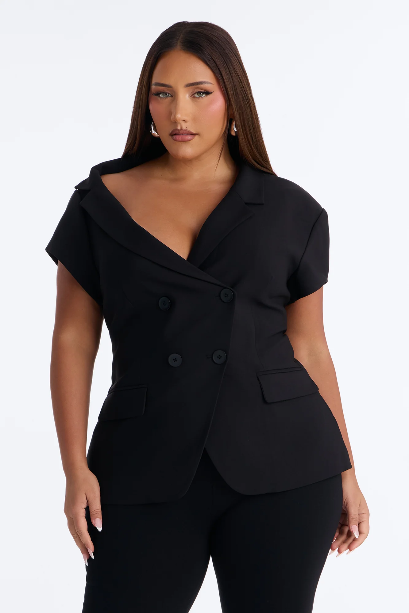 Valerie Asymmetrical Neckline Short Sleeve Blazer - Black - Image 5