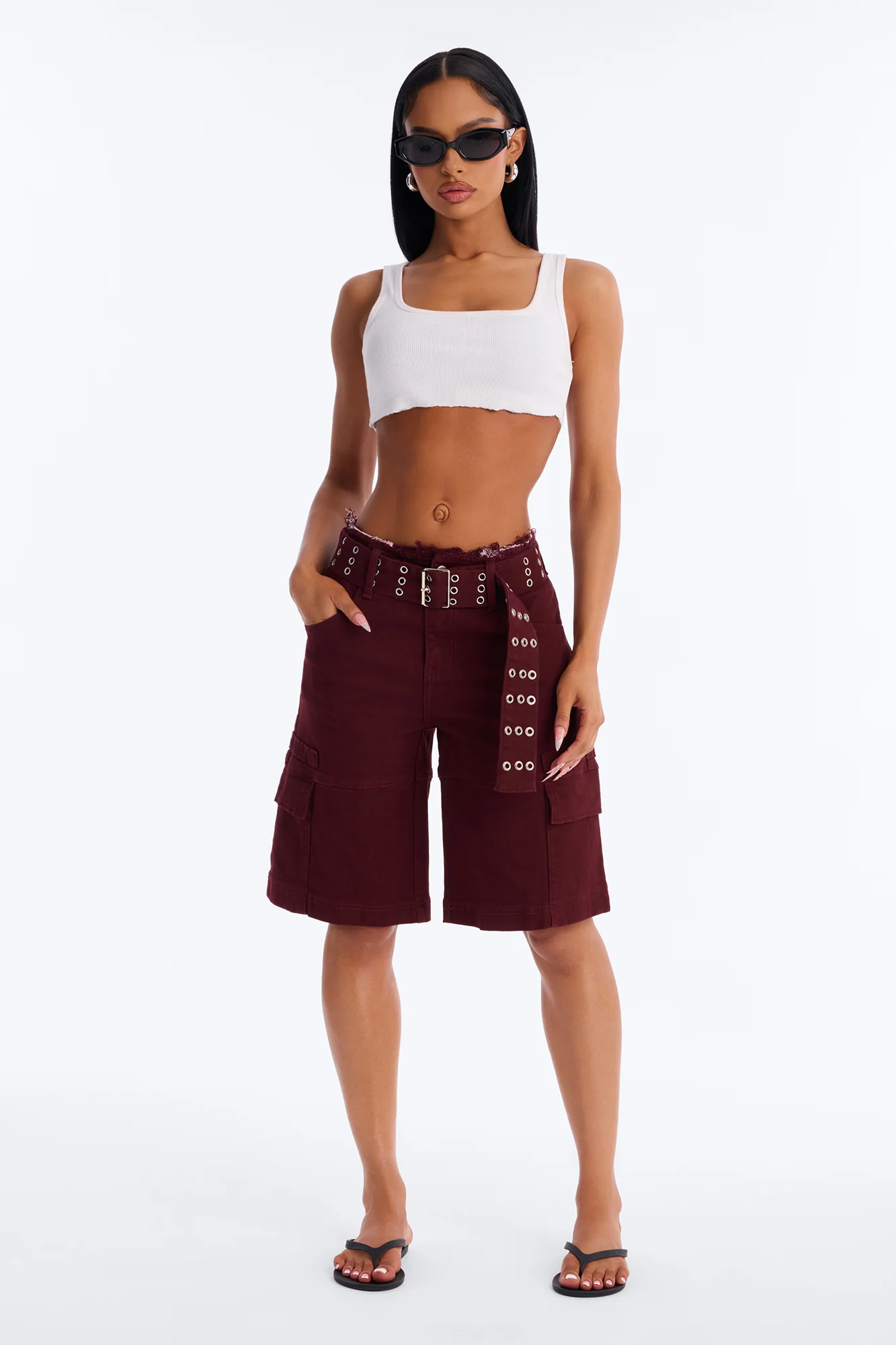 Valerie Cargo Cut Off Waistband Denim Shorts - Wine - Image 2