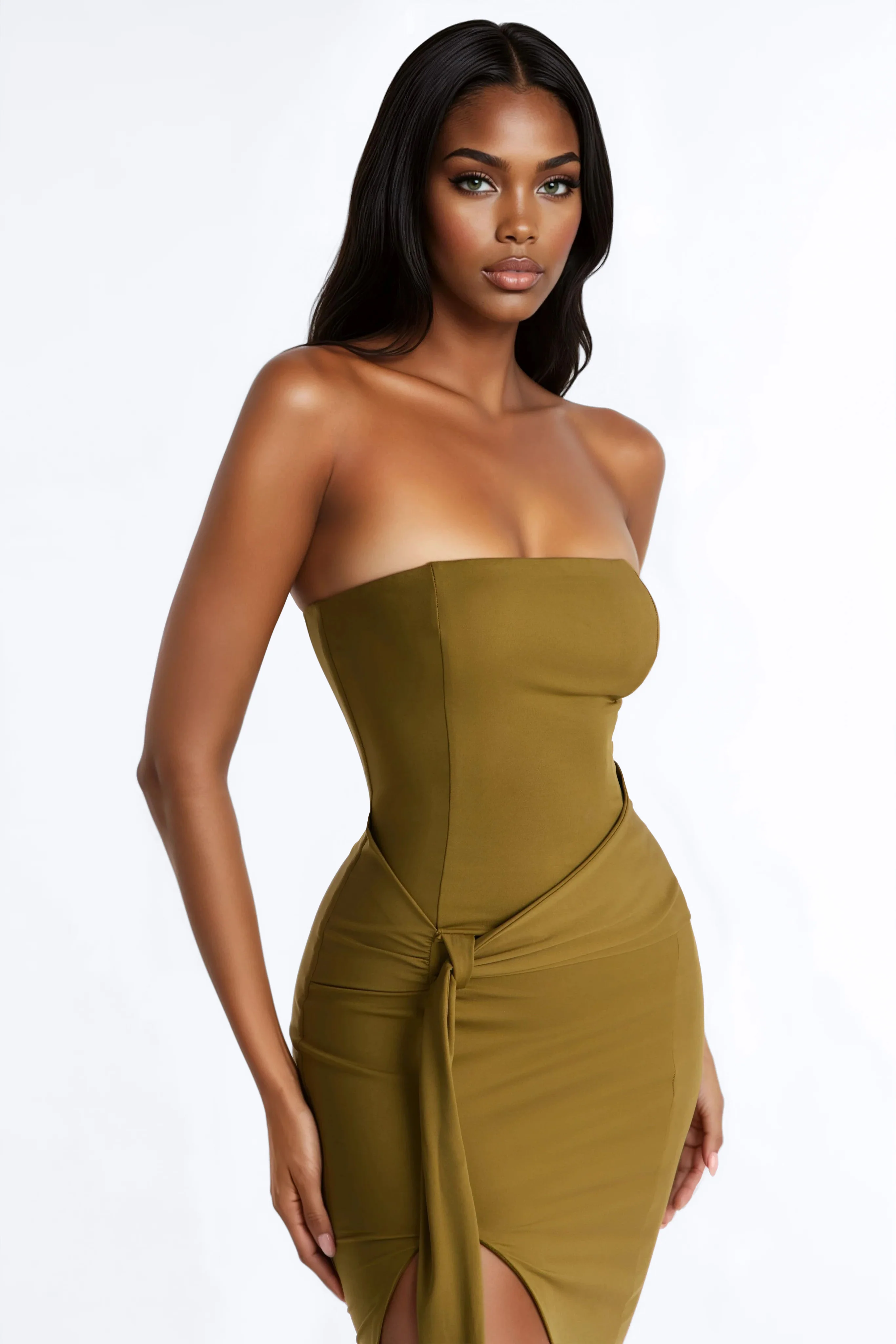 Vanessa Draped Satin Midi Dress - Olive - Image 2