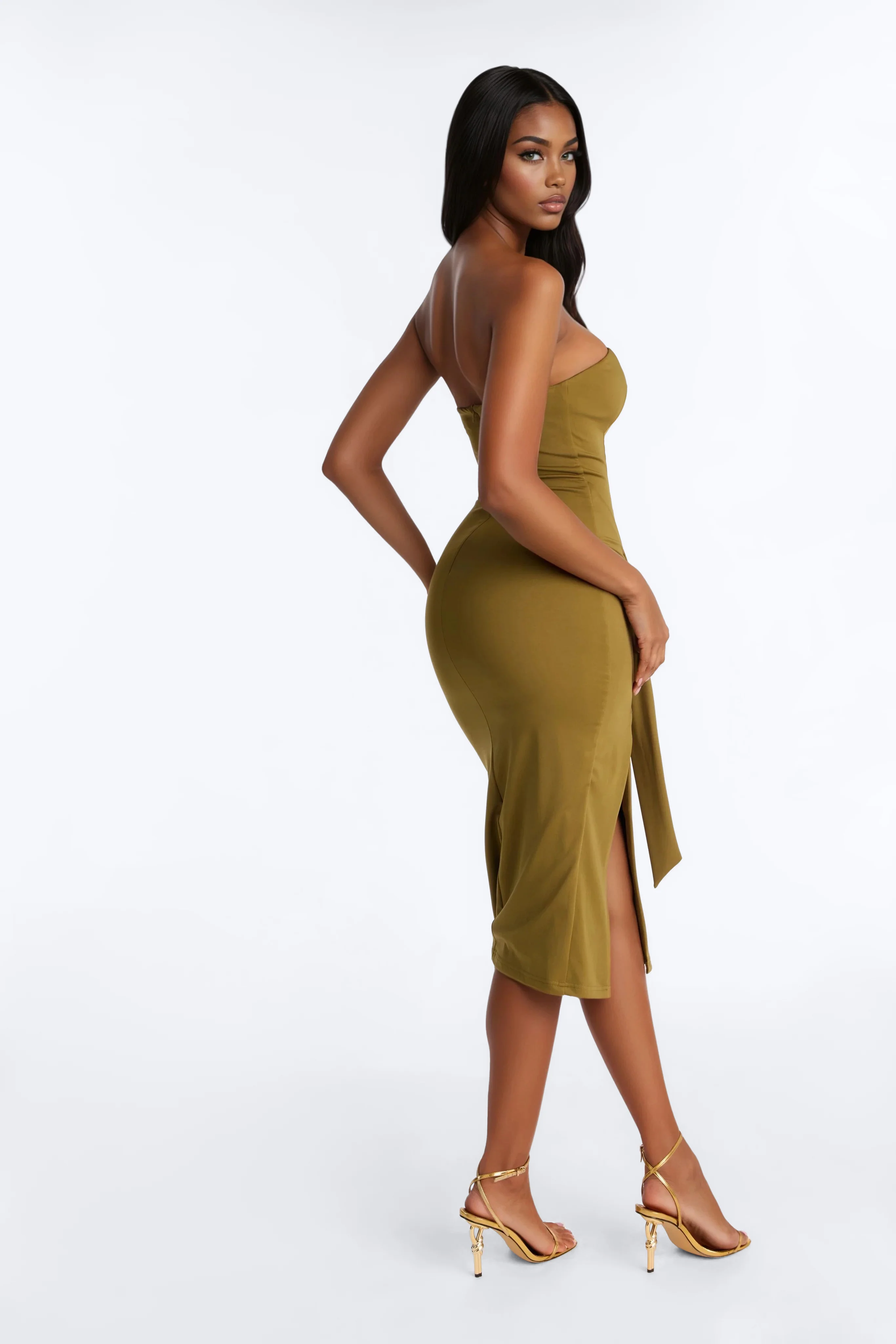 Vanessa Draped Satin Midi Dress - Olive - Image 4
