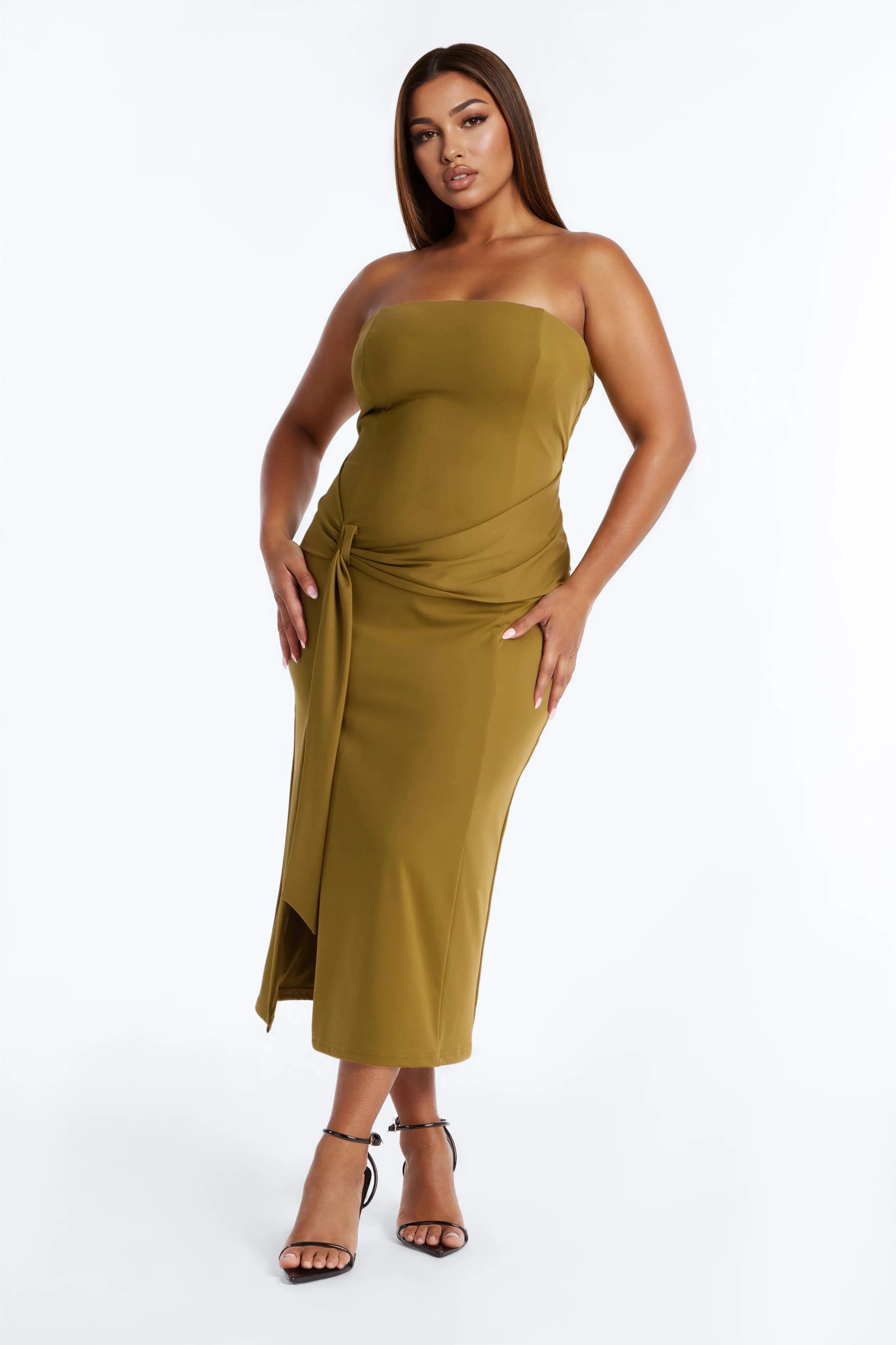 Vanessa Draped Satin Midi Dress - Olive - Image 5
