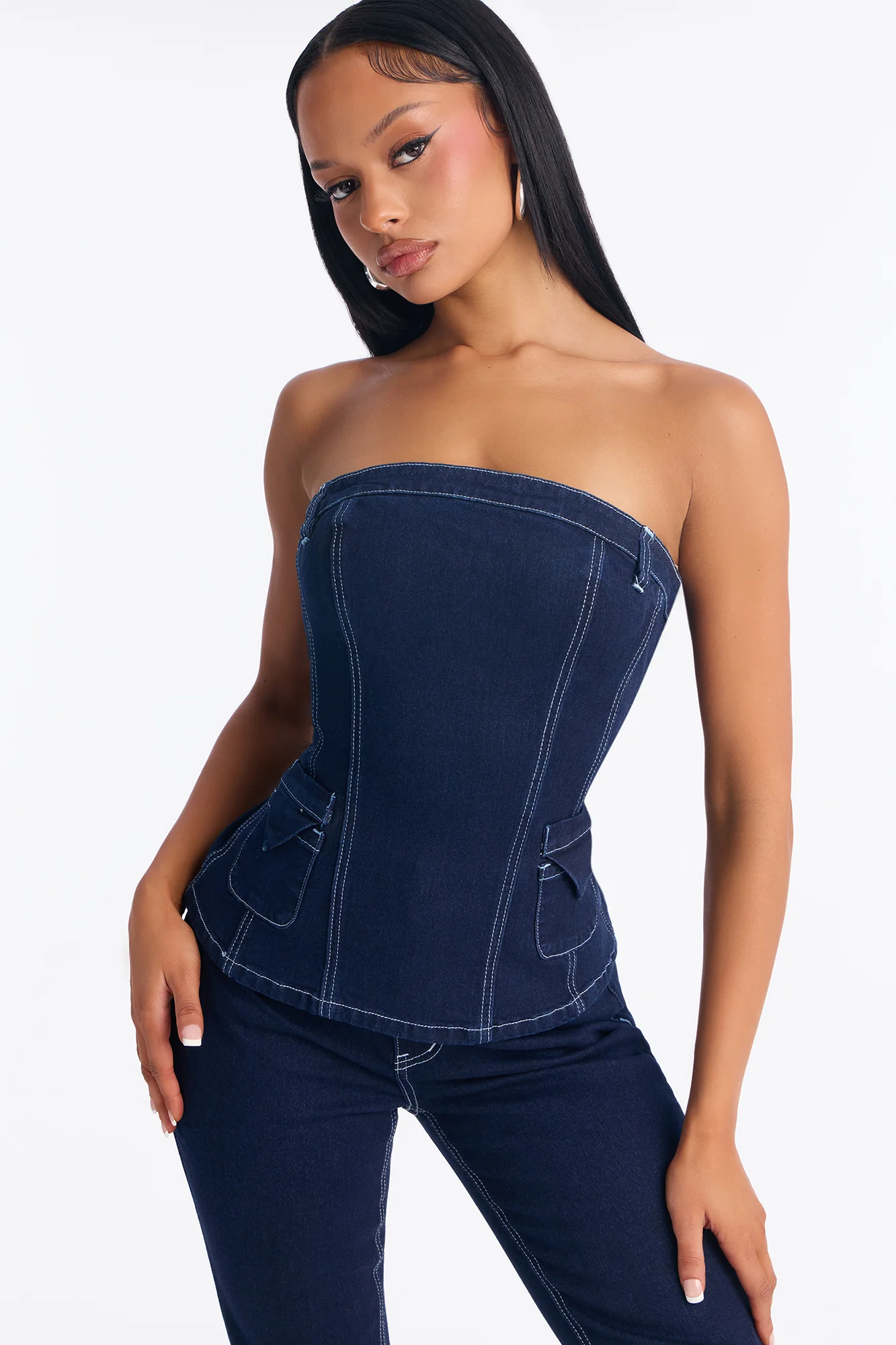 Vanessa Strapless Denim Pant Set - Dark Wash - Image 2