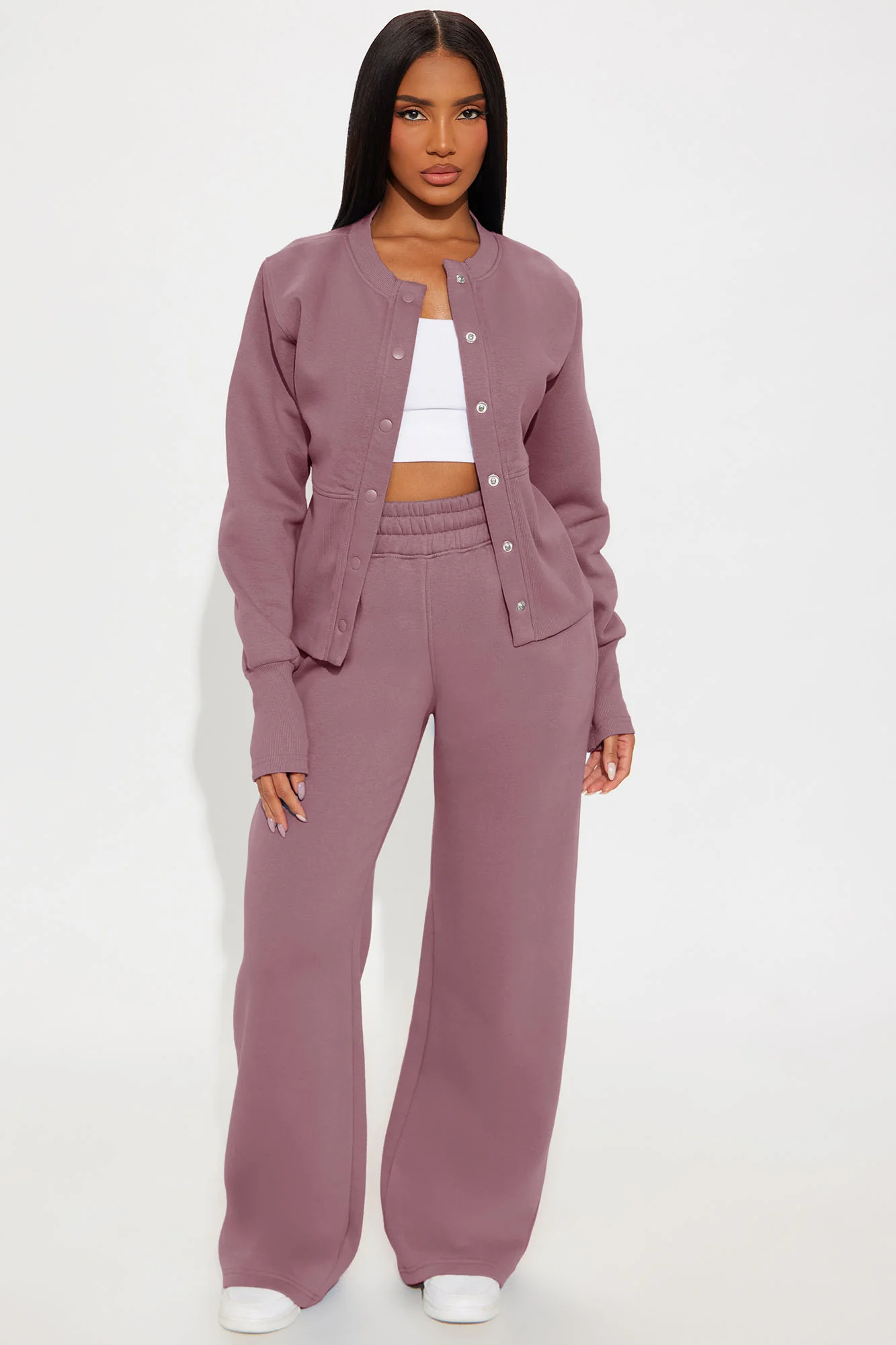 Varsity Girly Fleece Wide Leg Pant Set - Mauve