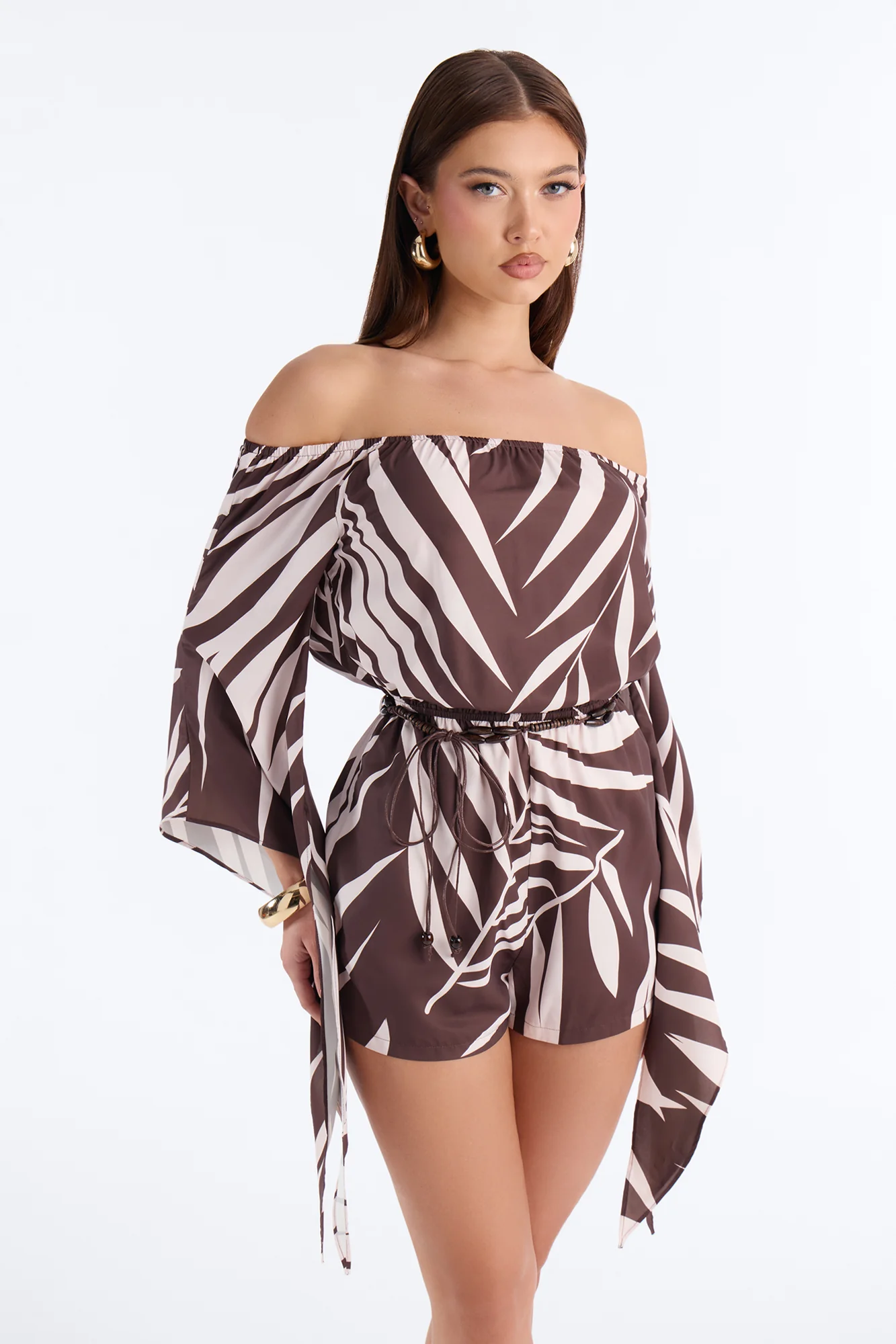 Vena Belted Off Shoulder Romper - Brown - Image 2