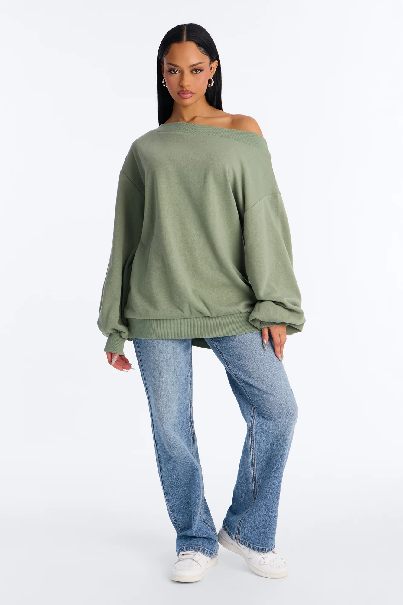 Vera Off Shoulder Oversized Sweatshirt - Sage - Image 2