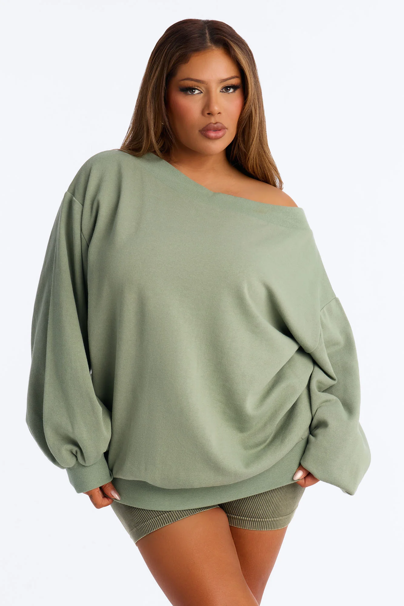 Vera Off Shoulder Oversized Sweatshirt - Sage - Image 5