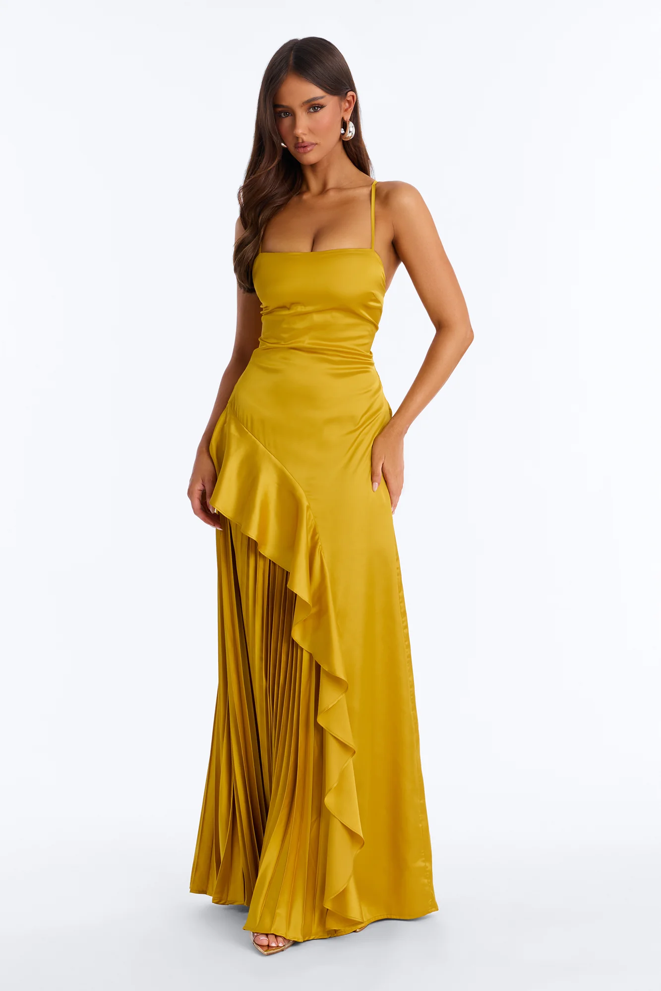 Veronica Pleated Ruffle Satin Gown - Gold