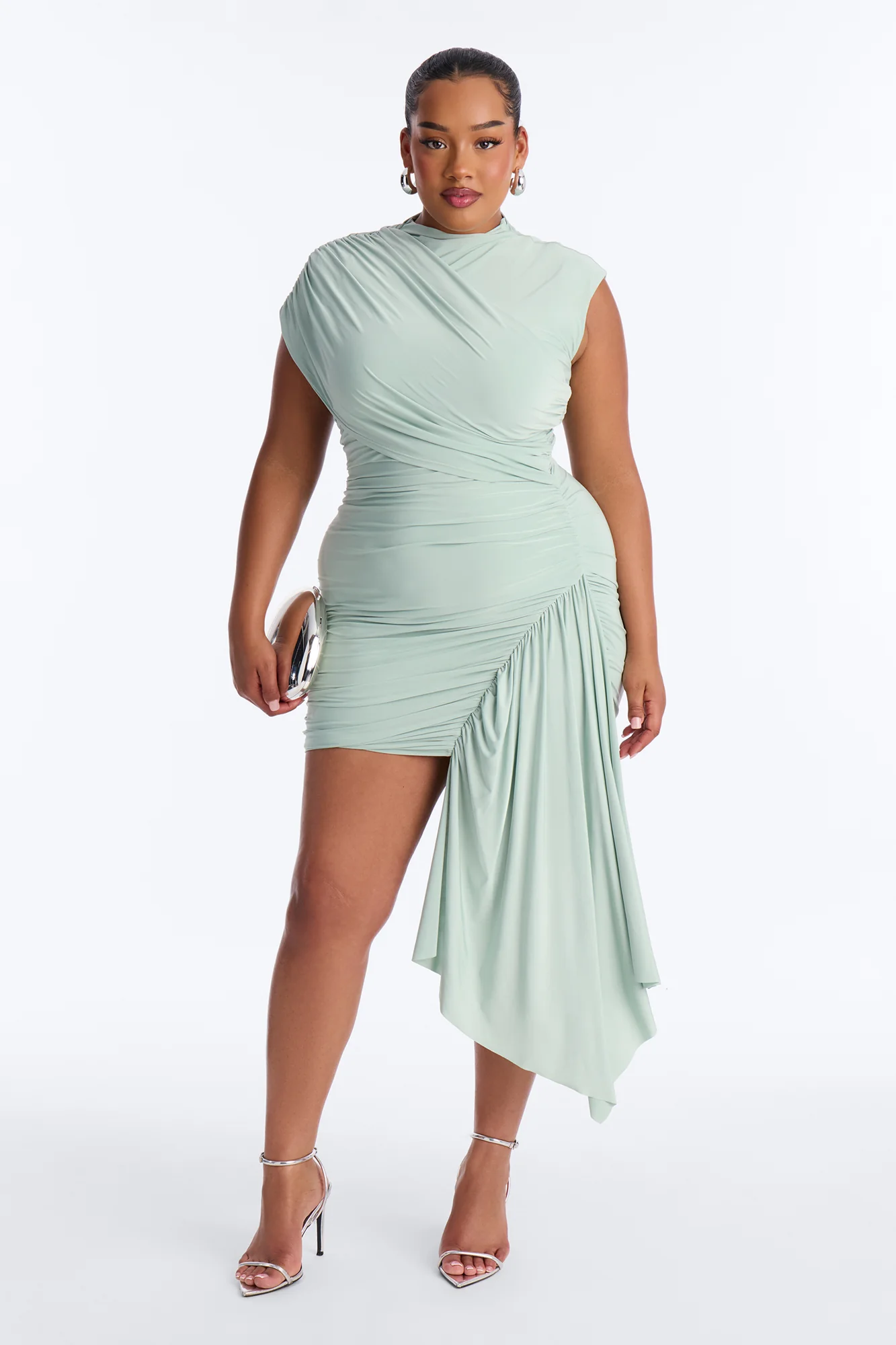 Veronica Ruched Draped Mini Dress - Sage - Image 5