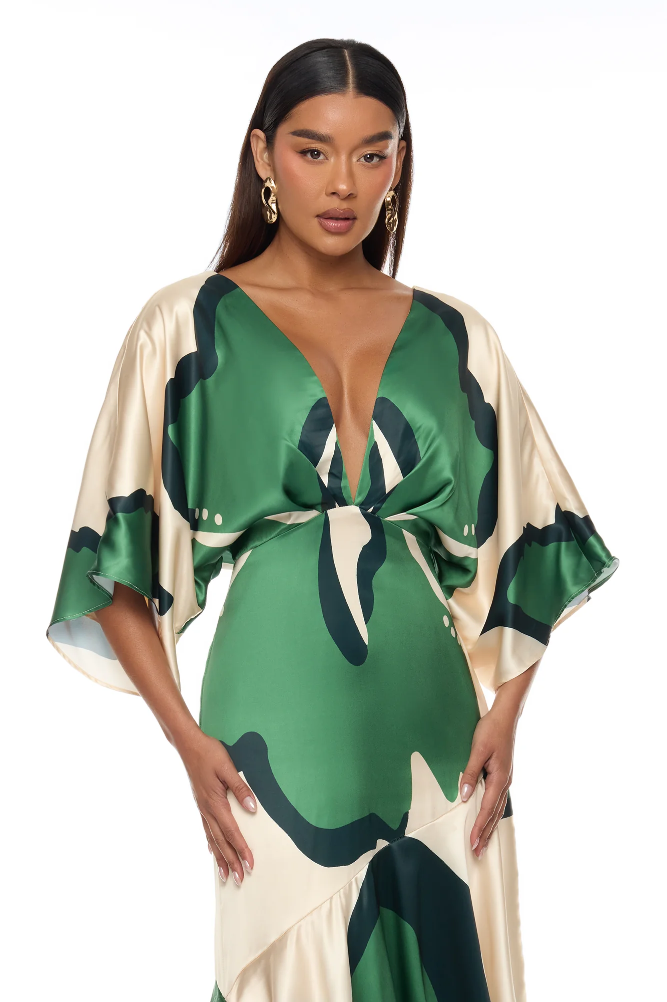 Veronika Short Sleeve Satin Maxi Dress - Green/combo - Image 2