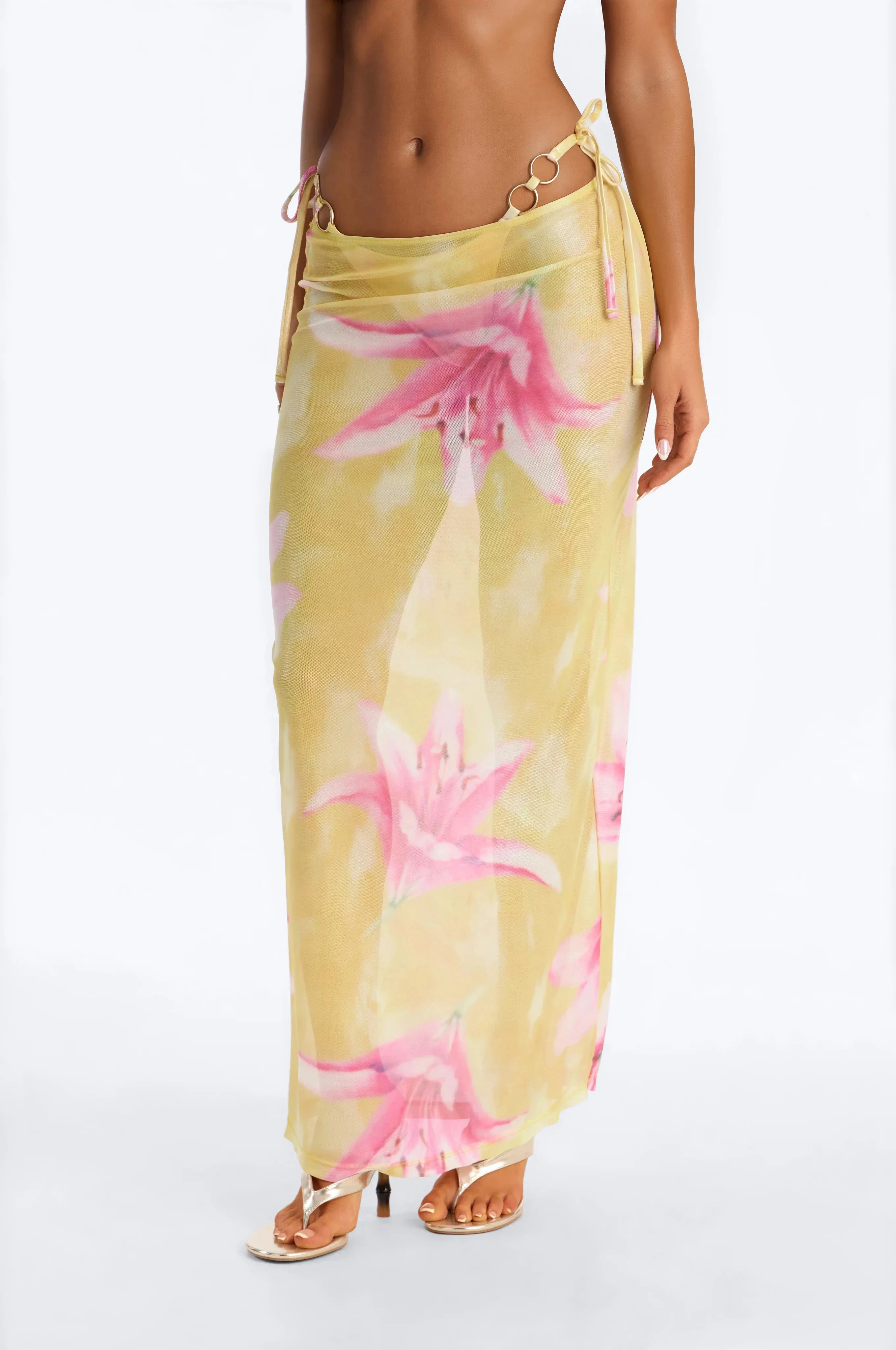 Vicki 3 Piece Floral Triangle Bikini & Mesh Cover Up Maxi Skirt Sunsuit - Yellow - Image 4
