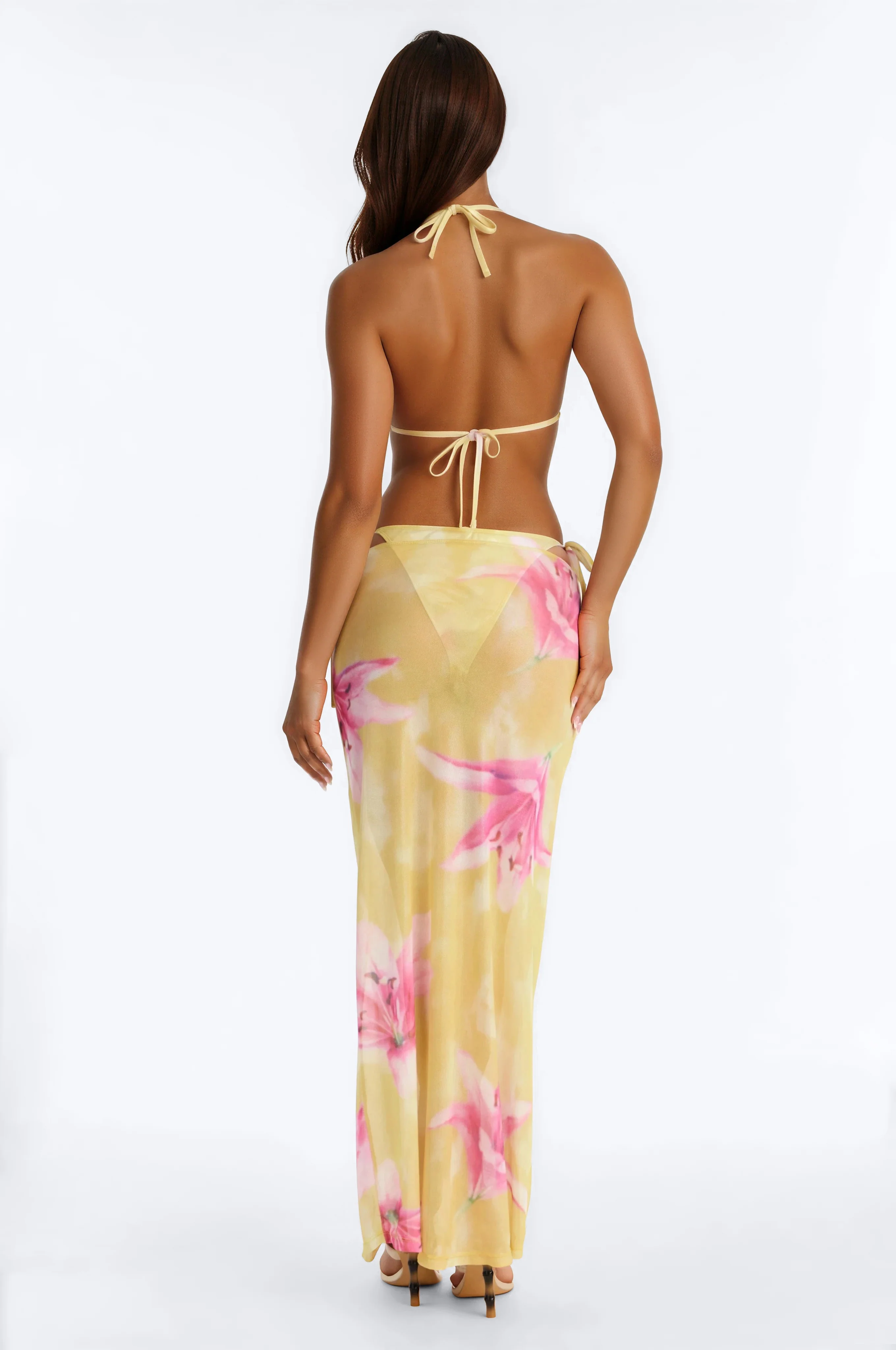 Vicki 3 Piece Floral Triangle Bikini & Mesh Cover Up Maxi Skirt Sunsuit - Yellow - Image 6