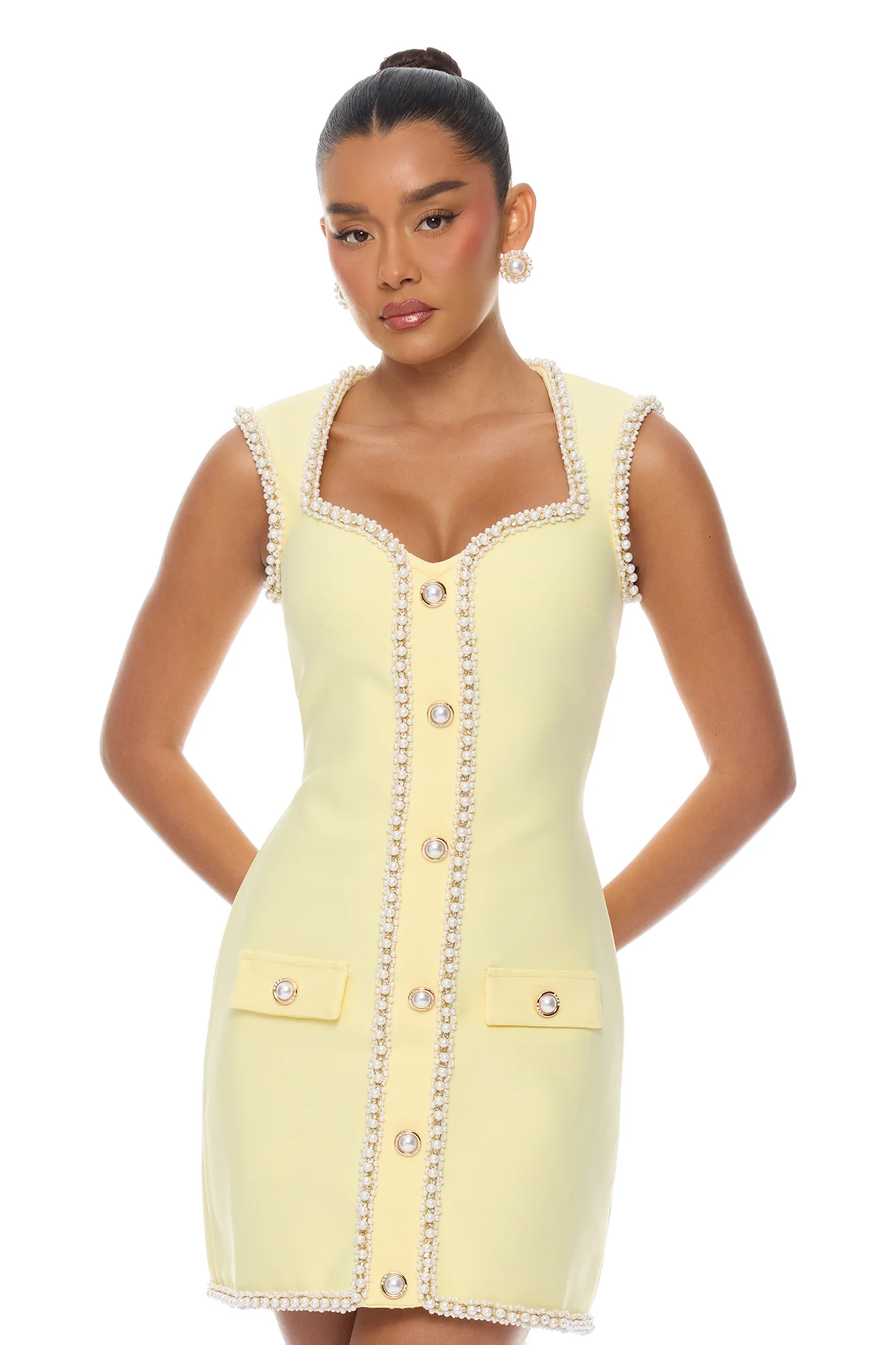Victoria Pearl Trim Bandage Mini Dress - Butter Yellow
