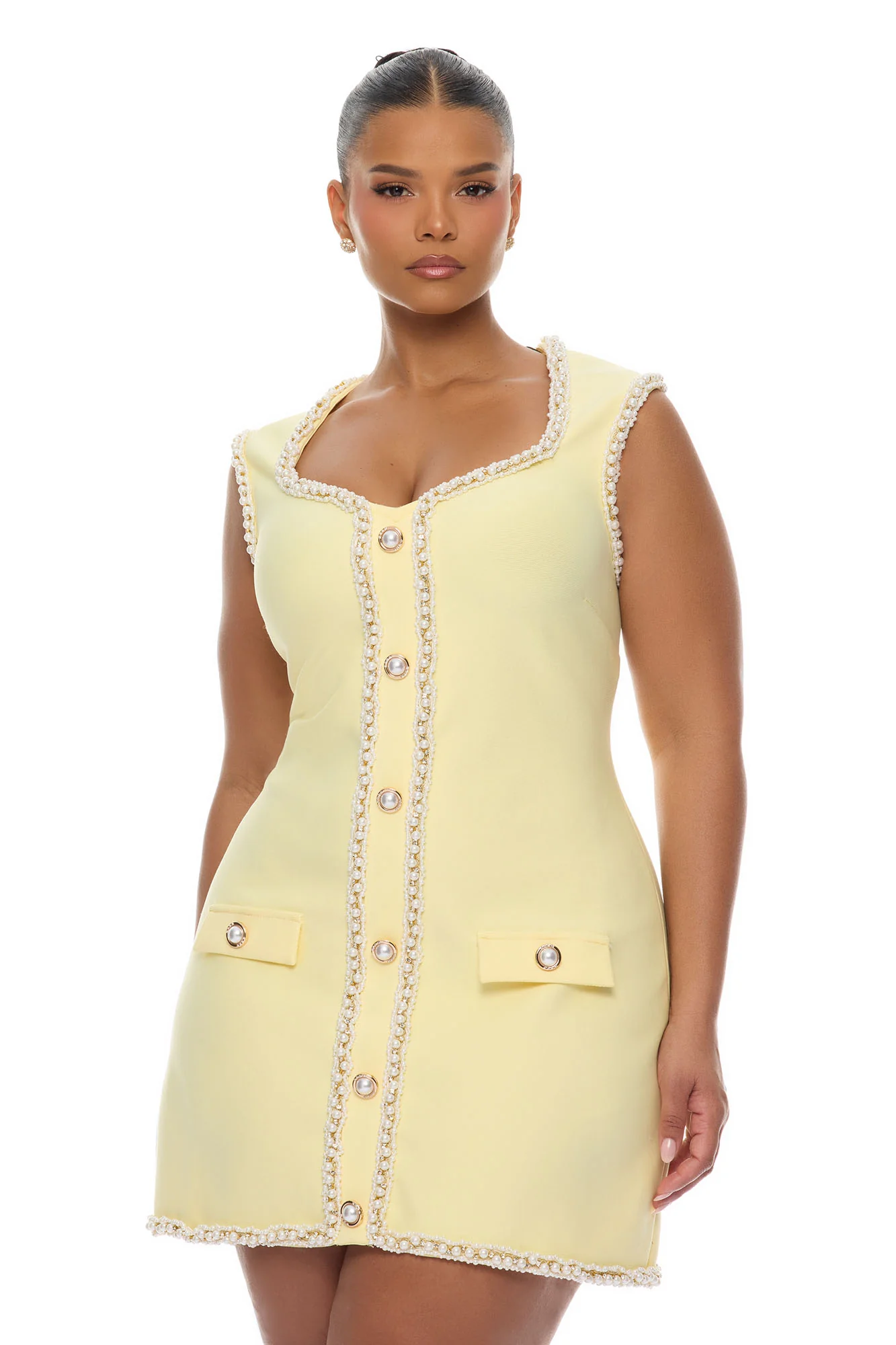 Victoria Pearl Trim Bandage Mini Dress - Butter Yellow - Image 6