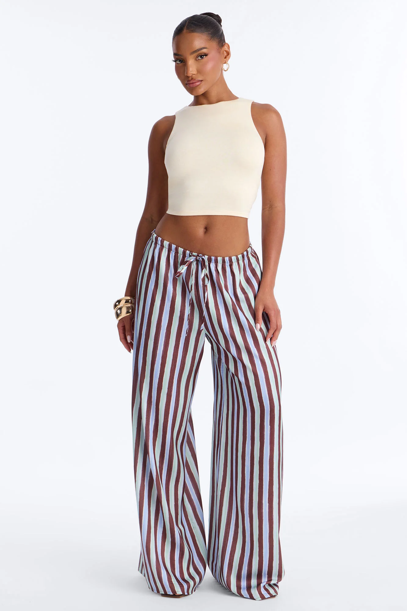 Vienna Mid Rise Satin Wide Leg Pant - Blue/combo