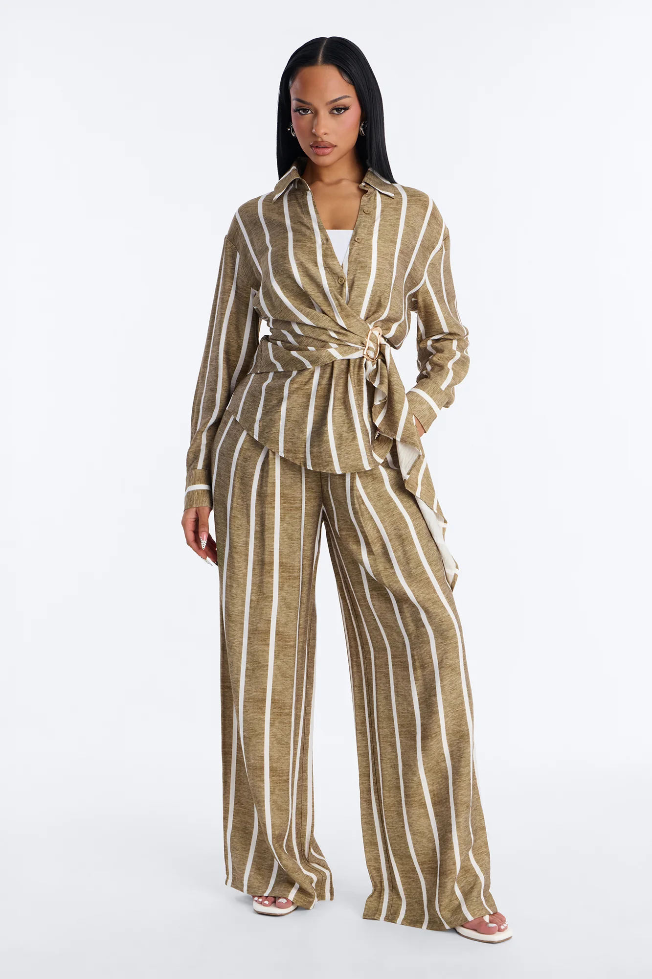 Vienna Pinstripe Pant Set - Olive