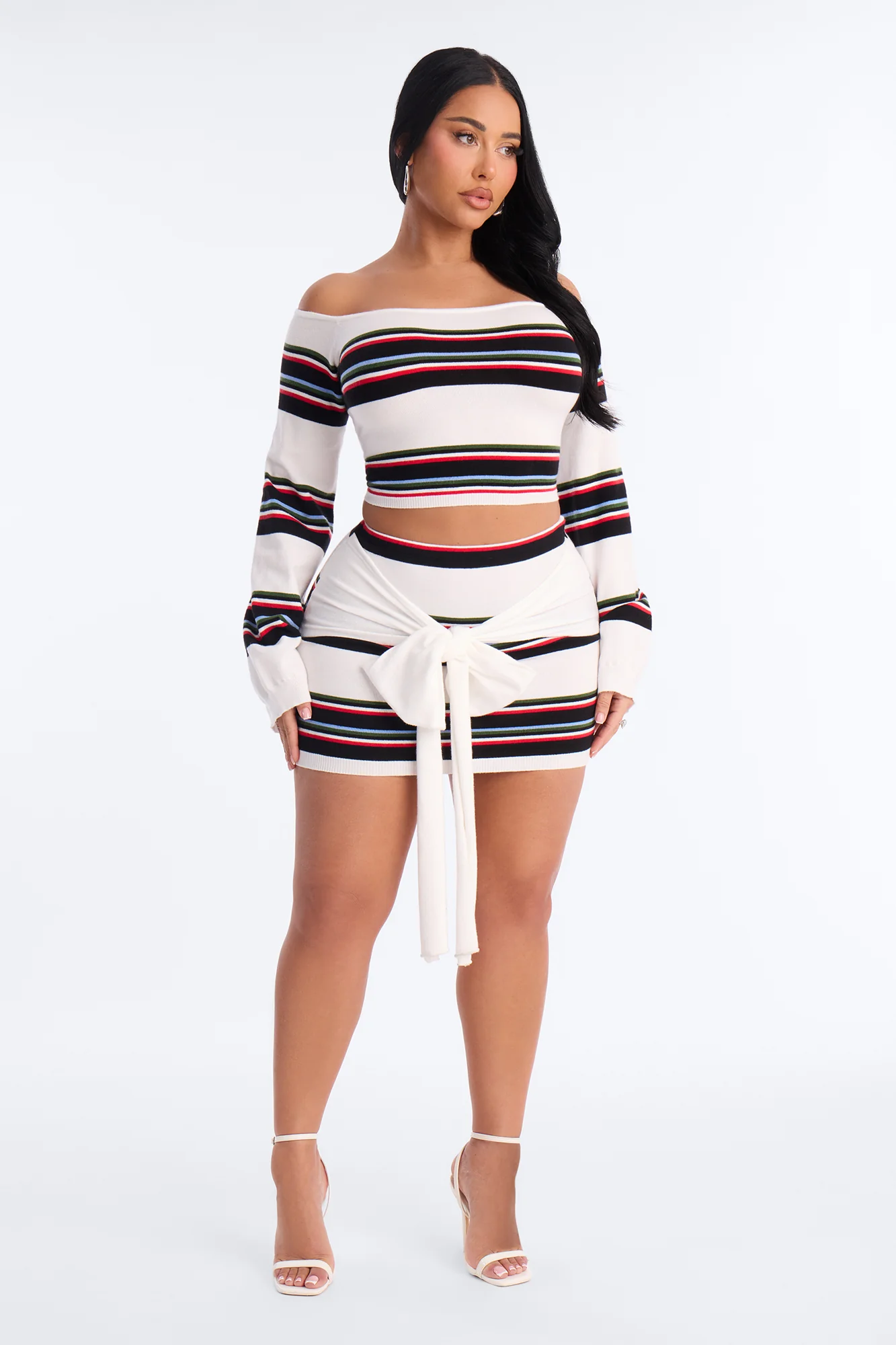 Vienna Striped Off Shoulder Skirt Set - White/combo