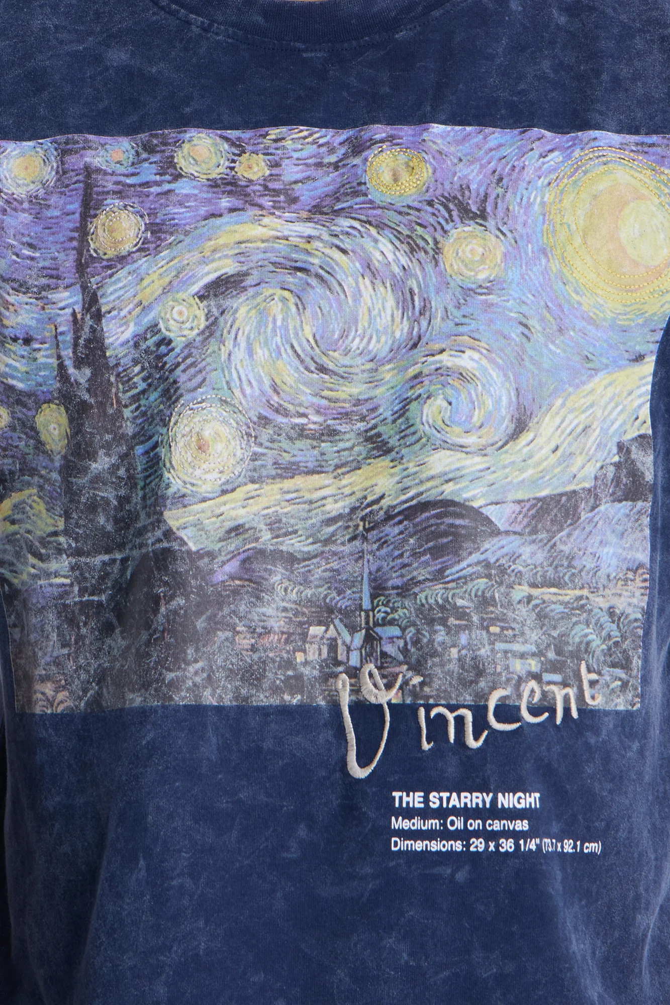 Vincent Van Gogh Starry Night Embroidered Mineral Wash Fleece Tee - Navy - Image 3