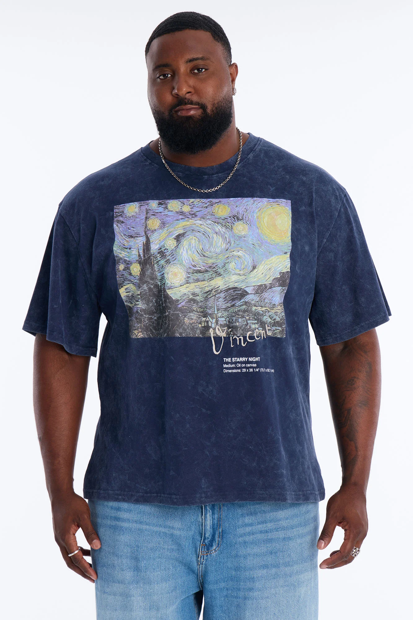 Vincent Van Gogh Starry Night Embroidered Mineral Wash Fleece Tee - Navy - Image 5