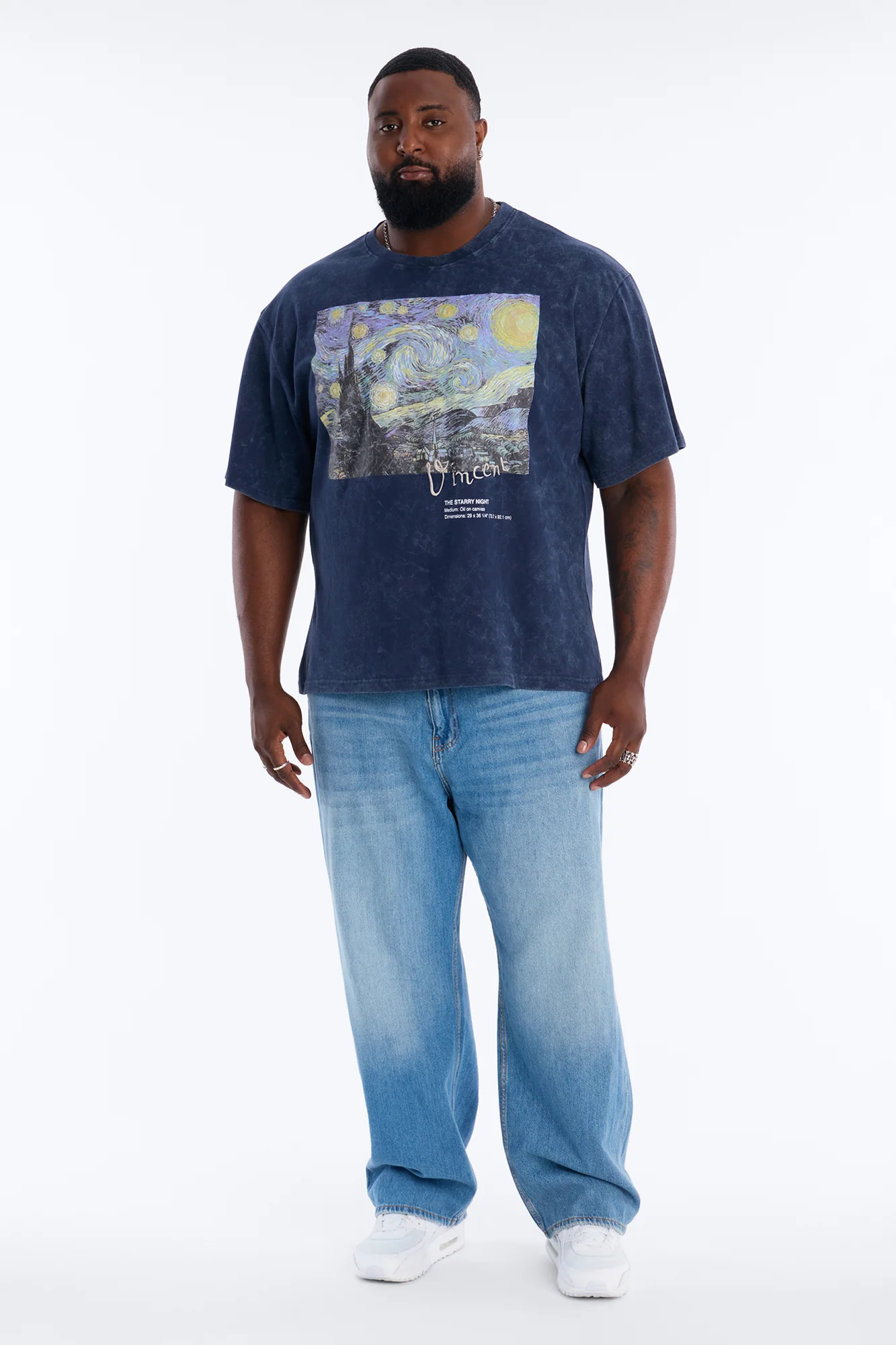 Vincent Van Gogh Starry Night Embroidered Mineral Wash Fleece Tee - Navy - Image 6