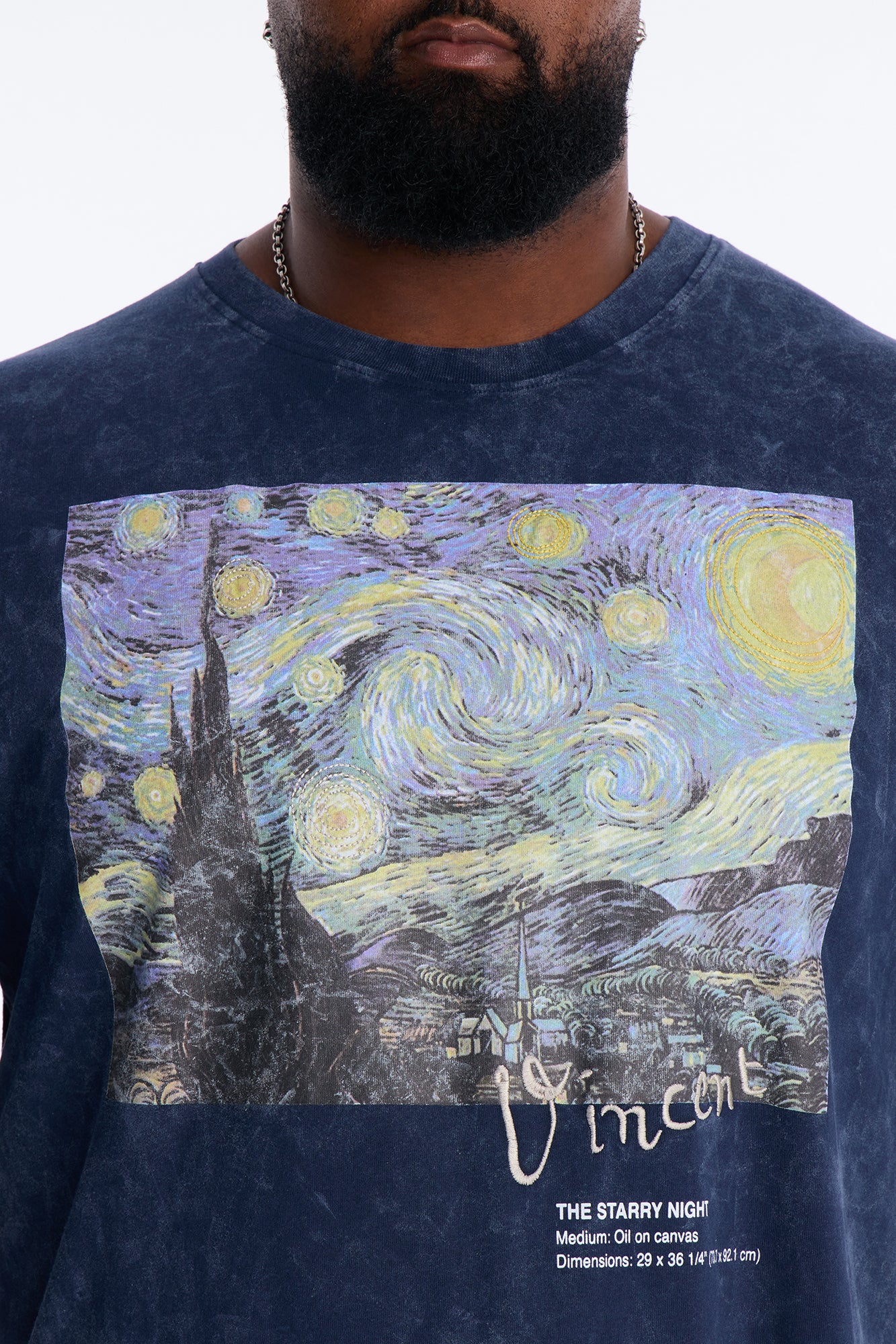 Vincent Van Gogh Starry Night Embroidered Mineral Wash Fleece Tee - Navy - Image 7