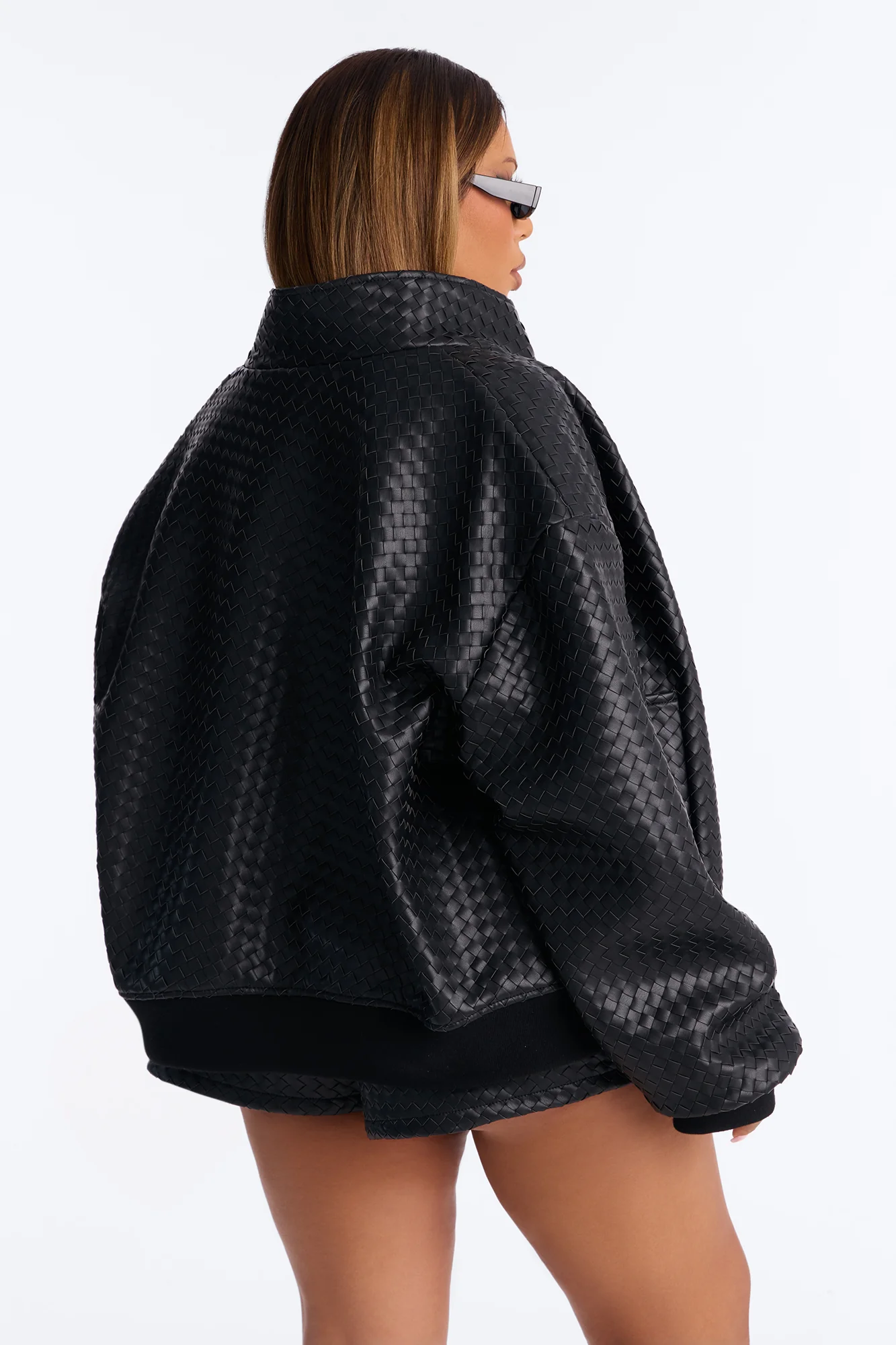 Vivian Woven Faux Leather Bomber Jacket - Black - Image 11