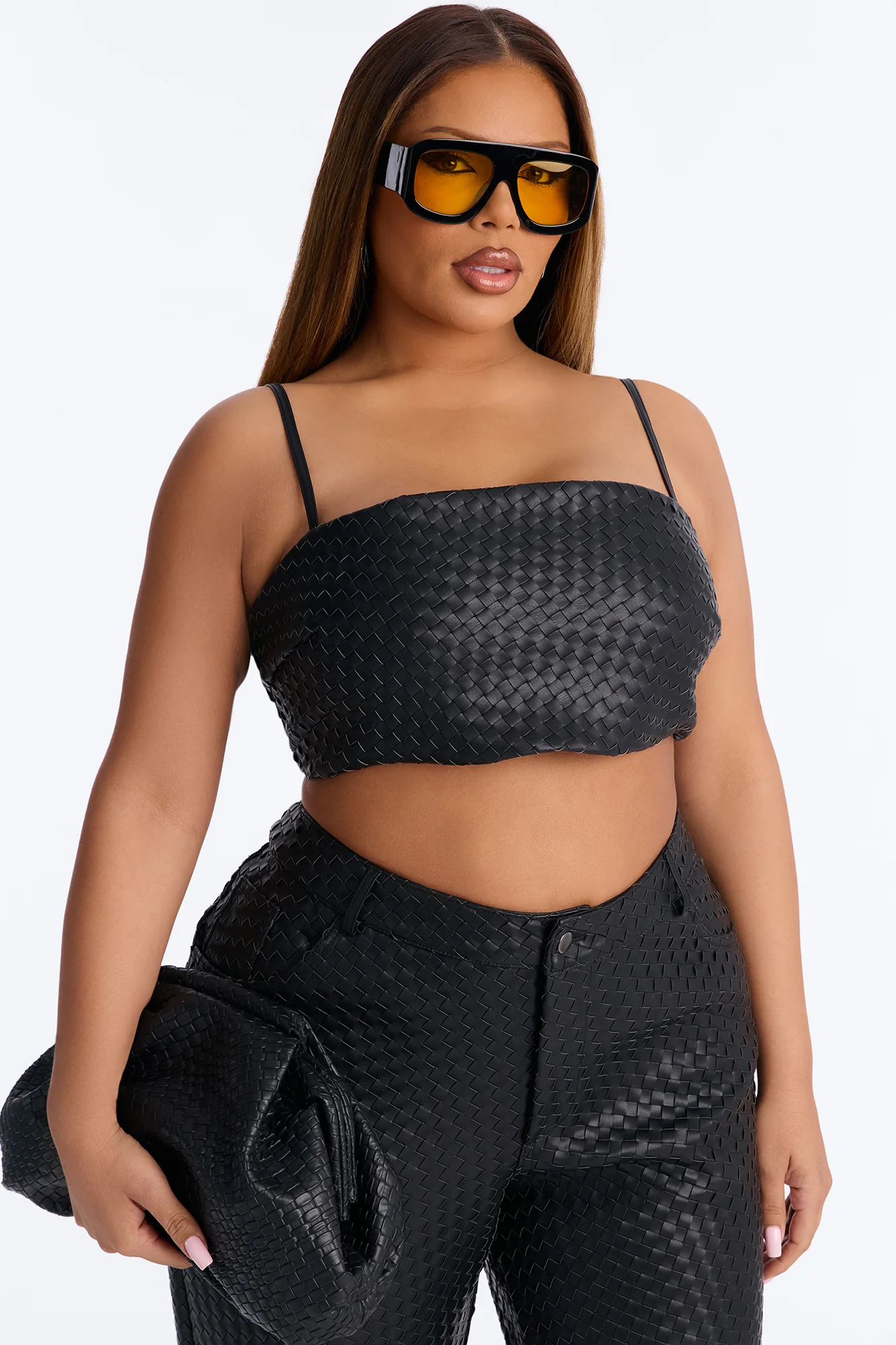 Vivian Woven Faux Leather Bralette Top - Black - Image 6