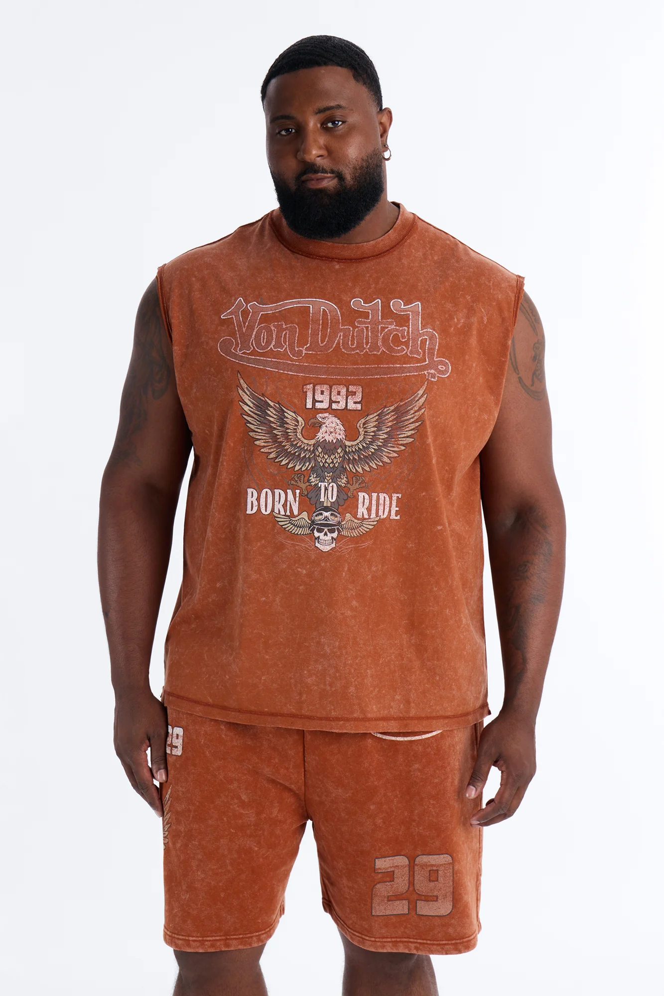 Von Dutch Born To Ride Fleece Muscle Tee - Orange - Image 5