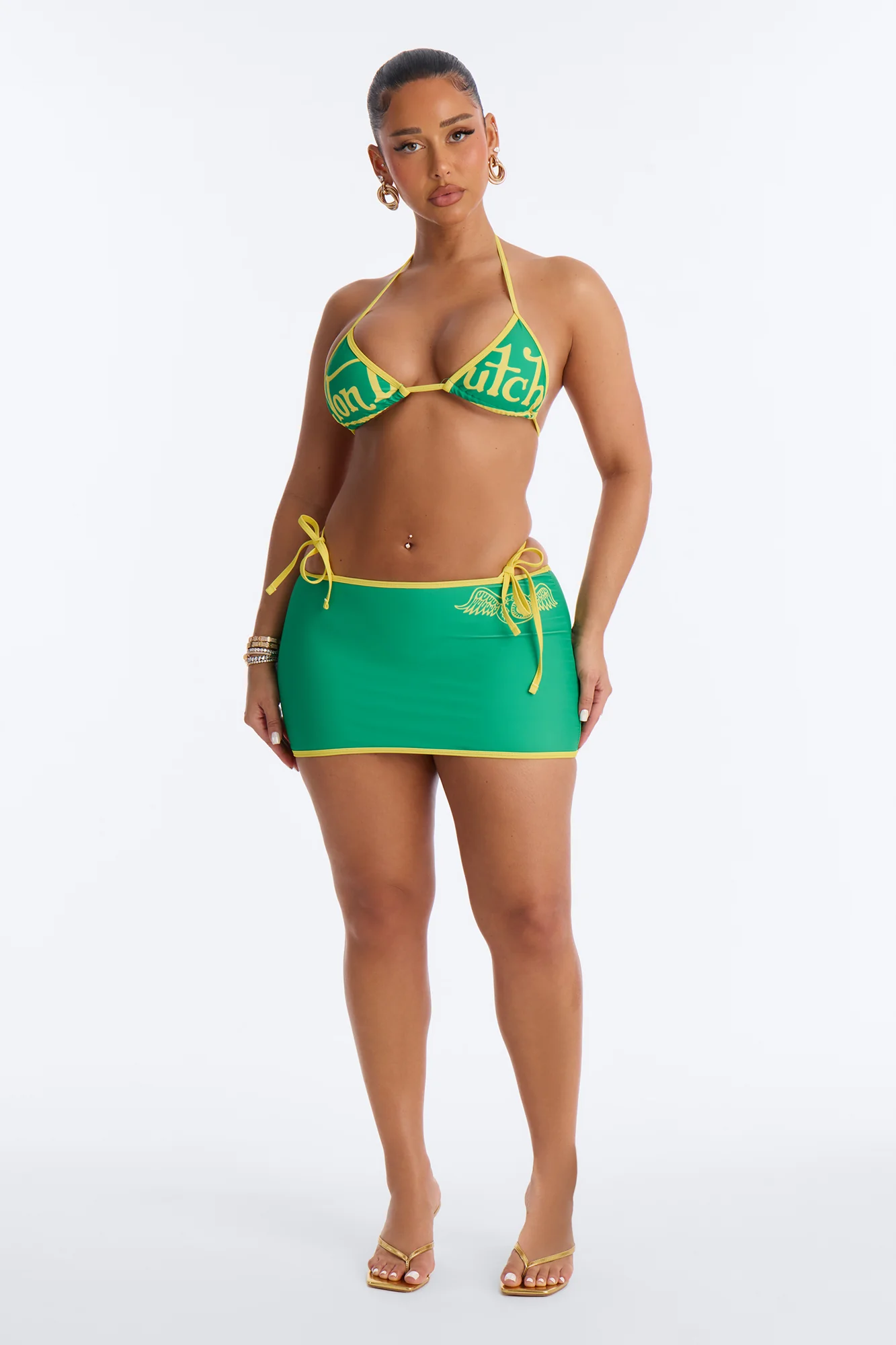 Von Dutch Contrast Binding 3 Piece Bikini & Skirt Set - Green/combo